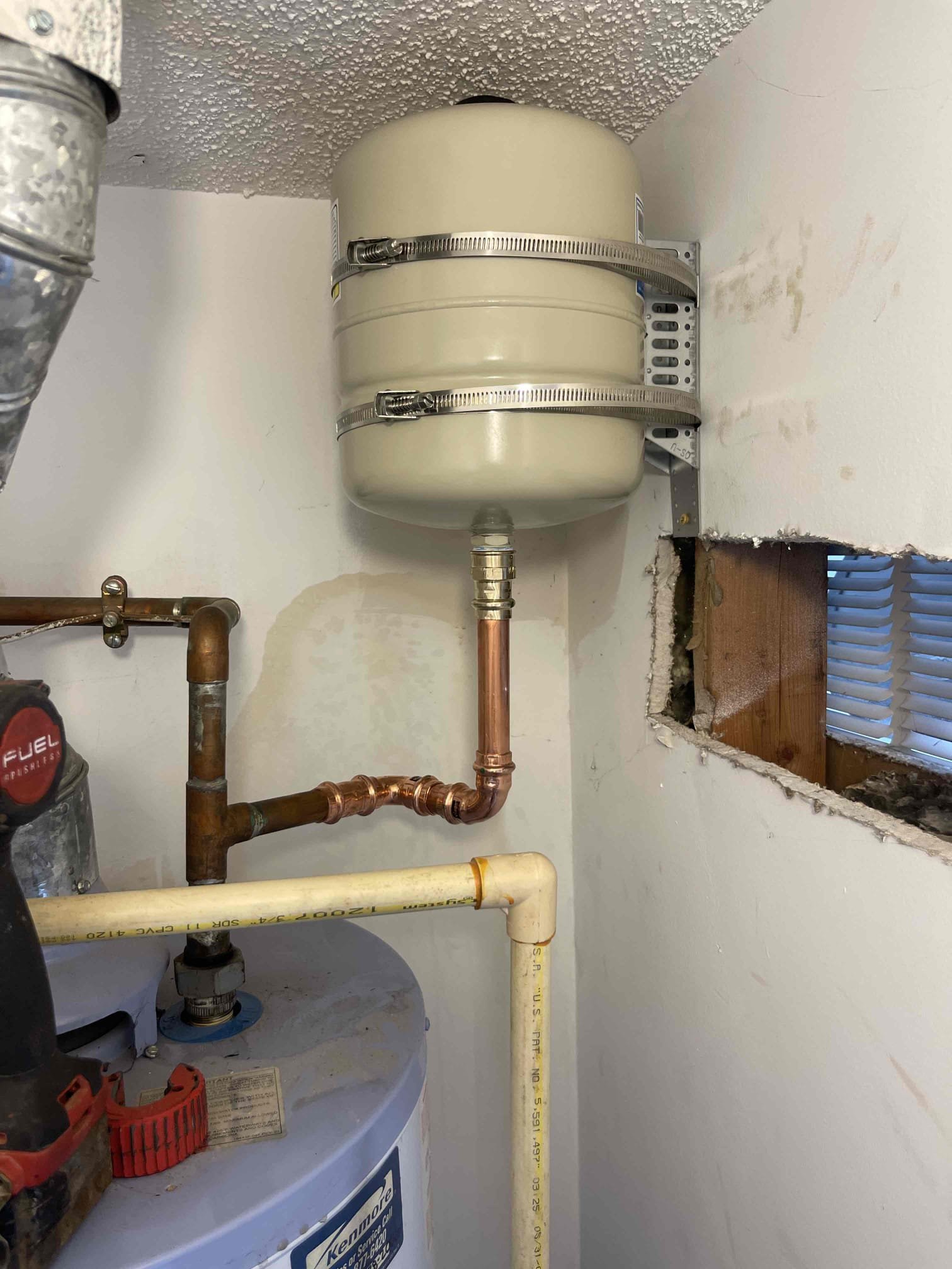 Came out for leaking expansion tank. Water heater is 20 years old. Homeowner is closing on their house and selling. Just wanted to swap out the leaking tank. Water pressure tested in the normal range at 40 psi. We cut out the leaking expansion tank and installed a new tank in a mounting bracket. Secured the bracket onto the wall framing. Turned water on and tested to ensure a leak free install. No further issue at this time. 