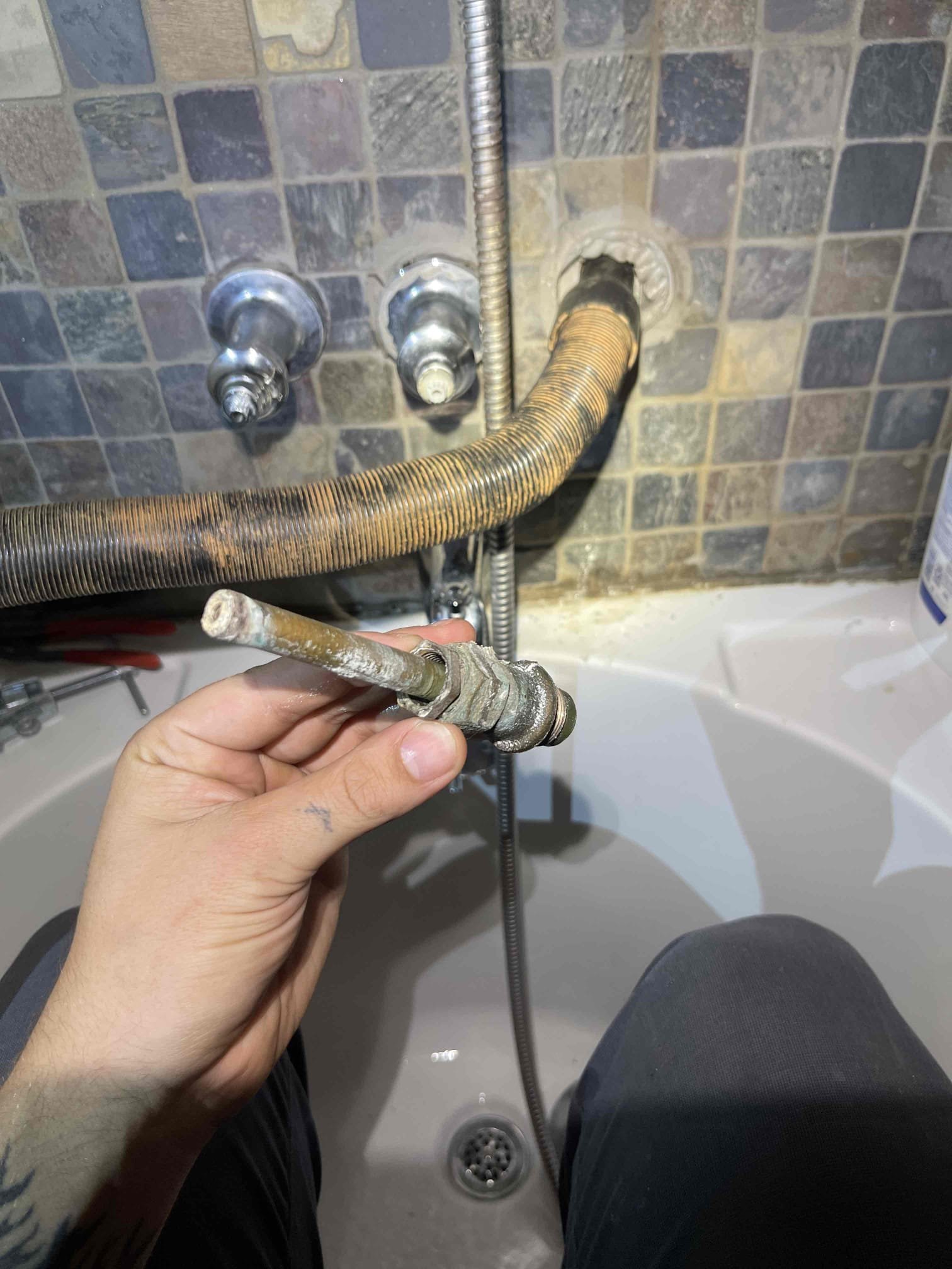 Came out for a broken shower valve. Arrived and found three handle shower valve stem had snapped off. No adequate access to replace valve without serious demolition. Customer elected to have shower valve rebuilt with no warranty. We notified home owner we cannot warranty repair due to three handle shower valve no longer being accepted by code. Left and purchased parts. Returned, installed, and tested to insure a leak free instillation. Customers had purchased their own handles for repair. Trim provided in rebuild kit was not compatible with new handles. We showed to home owner and they stated they were ok with it and elected for that over the handles from the kit. No further issue at this time. Thank you for using Chen Plumbing!!