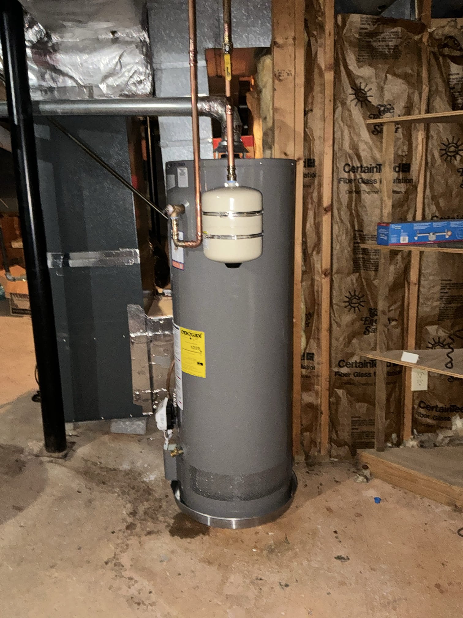 Shut off water to heater and drain. Cut out and remove old gas heater. Provide and install new 50 gallon gas water heater inside water heater pan and with new shut off valve and thermal expansion tank. Test new heater for proper operation and clean workspace 