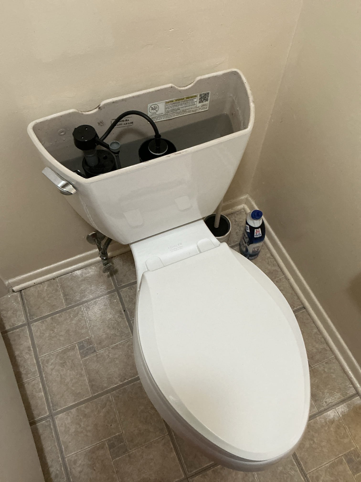 Rebuild toilet in bathroom. Install new fill valve and new flapper seal. Test all new parts for proper operation. Clean workspace 

Also left estimate for water heater replacement 
