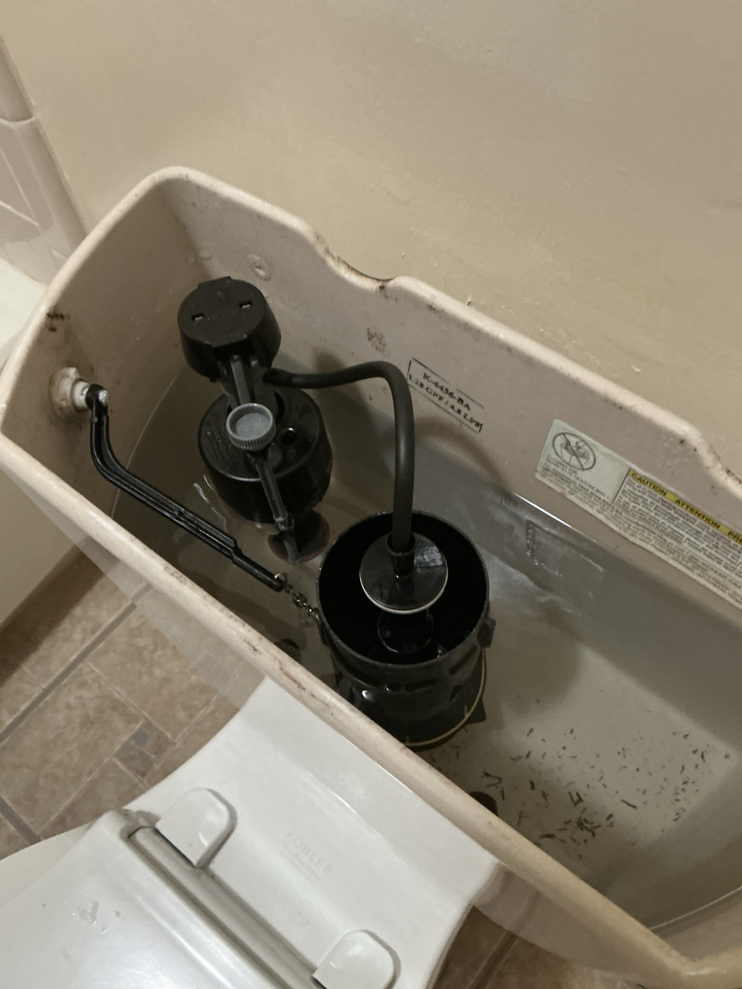 Rebuild toilet in bathroom. Install new fill valve and new flapper seal. Test all new parts for proper operation. Clean workspace 

Also left estimate for water heater replacement 