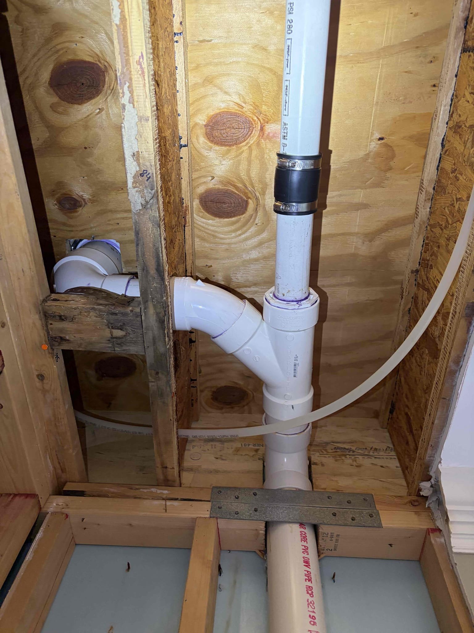 Repipe drain lines for bathroom for lateral lines and stack
Repipe the stack for the flange. 
Remove the toilet and reset
With membership 

For this customer we repiped the pvc in the ceiling, provision had already tore out the wall for us and set a containment to repipe the drain lines. We repiped the closet line and the tie in for the shower drain and then the main stack. We primed and glued all fittings that were necessary. We tightened the fernco that attached the 2in drain line to the 3in stack. Set the toilet on the flange, install a new stainless closet flange, following that installed new wax ring with horn, installed new nylon closet bolts so they do not rust, and following that installed a new toilet bolt caps to finish the job. 