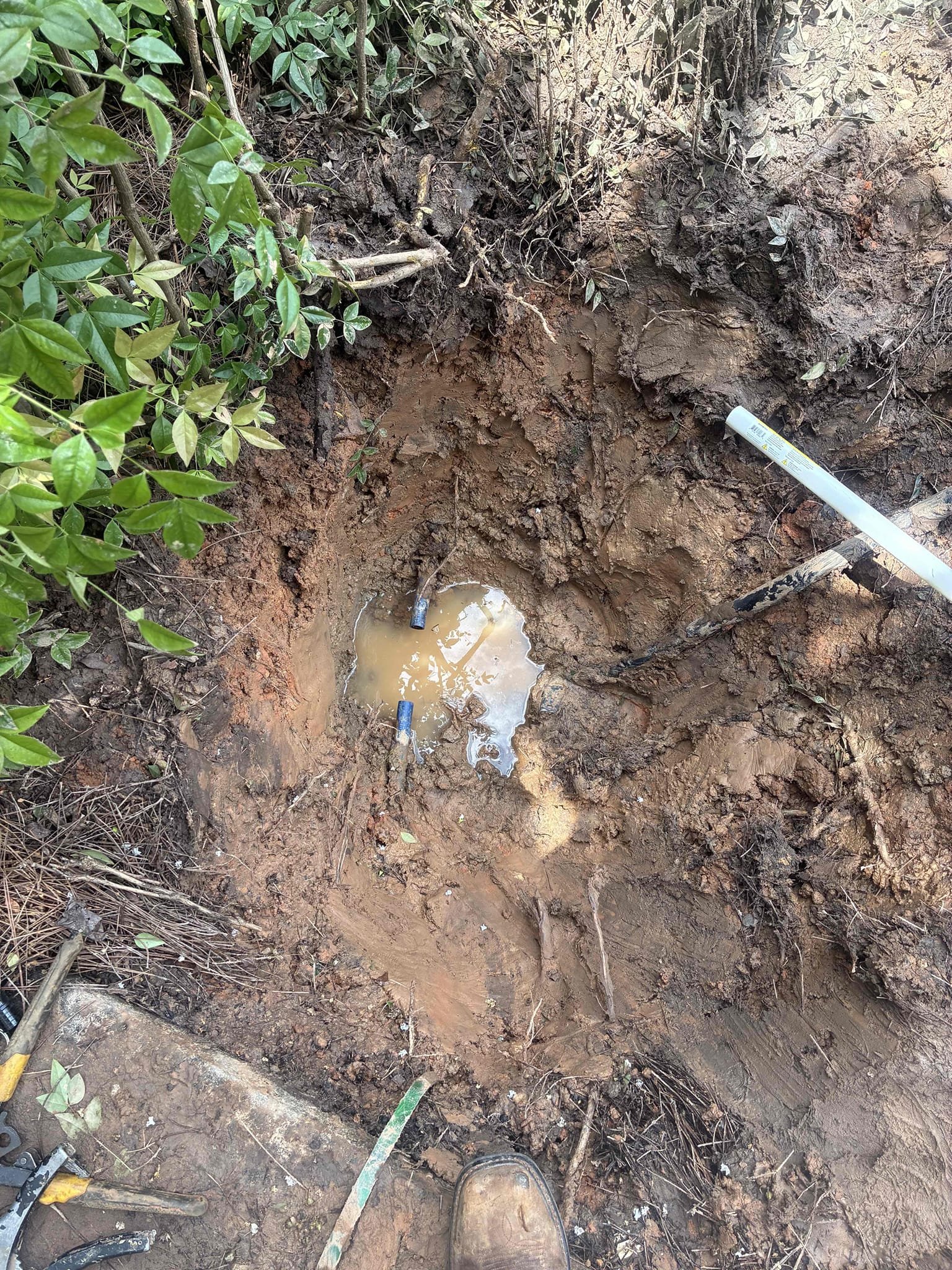 Customer had water leak on main service going to home when I arrived. Customer already had hole dug and pipe cut. Customer was looking for repair on cut section after repairing section of pipe turned on water to check for leaks and proper function. Customer also is to backfill hole.