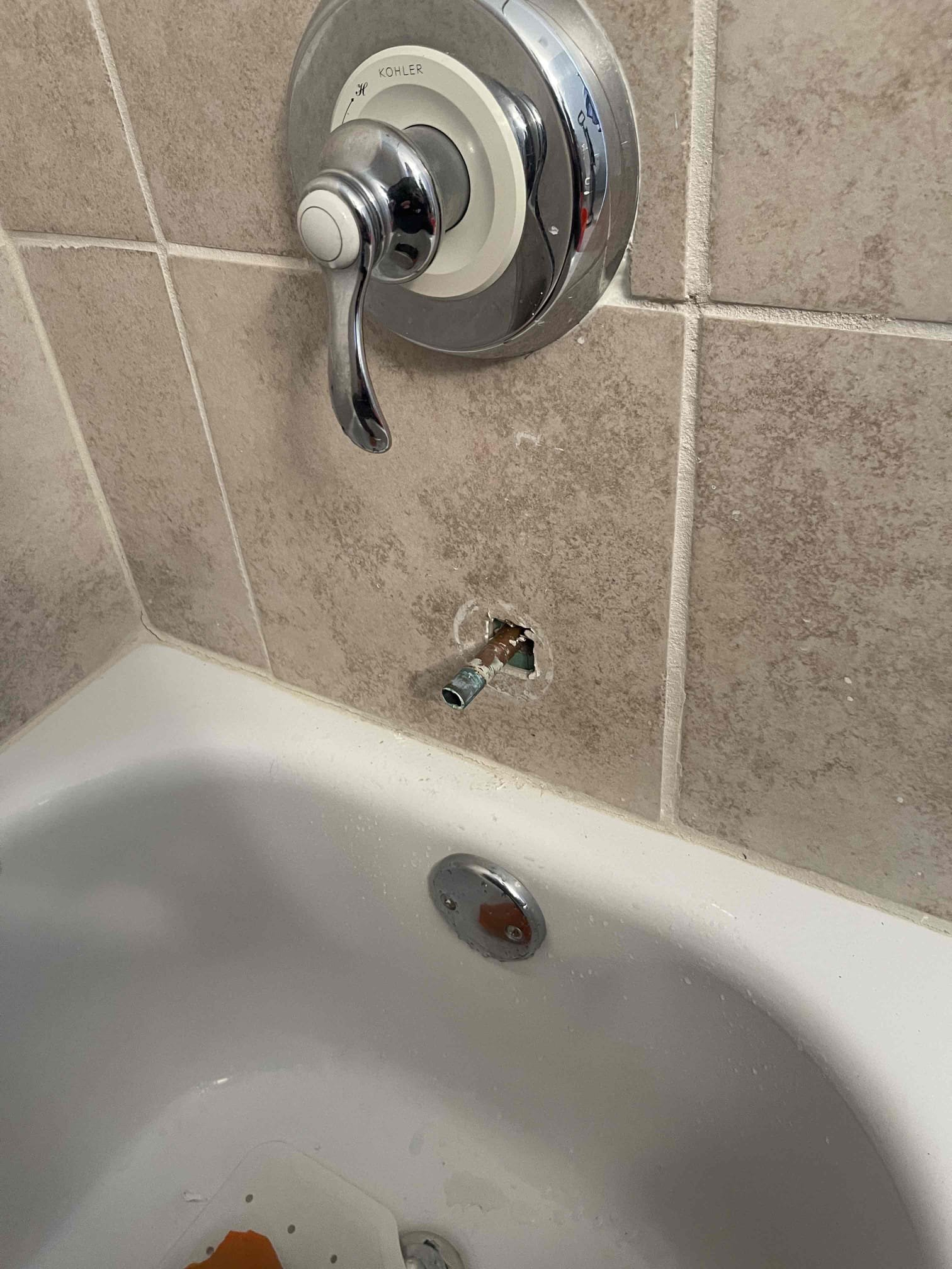 Homeowner had multiple issues going on. His kitchen faucet slowly leaks from the bottom. He is going to call Kohler to get repair parts for the faucet as it is 20 years old. We gave him a quote to return and repair or replace the faucet. His downstairs tub spout diverter was not holding the water back properly so the shower felt like it had low pressure. We cut out the old tub spout, extended the copper pipe with solder fittings, and installed a new identical tub spout. His upstairs toilet had a sponge stuck in it that was causing the toilet to drain slowly. We augered the toilet and were able to snag the sponge and remove it. Will return when the parts have arrived from Kohler for the faucet. No other issue at this time. 