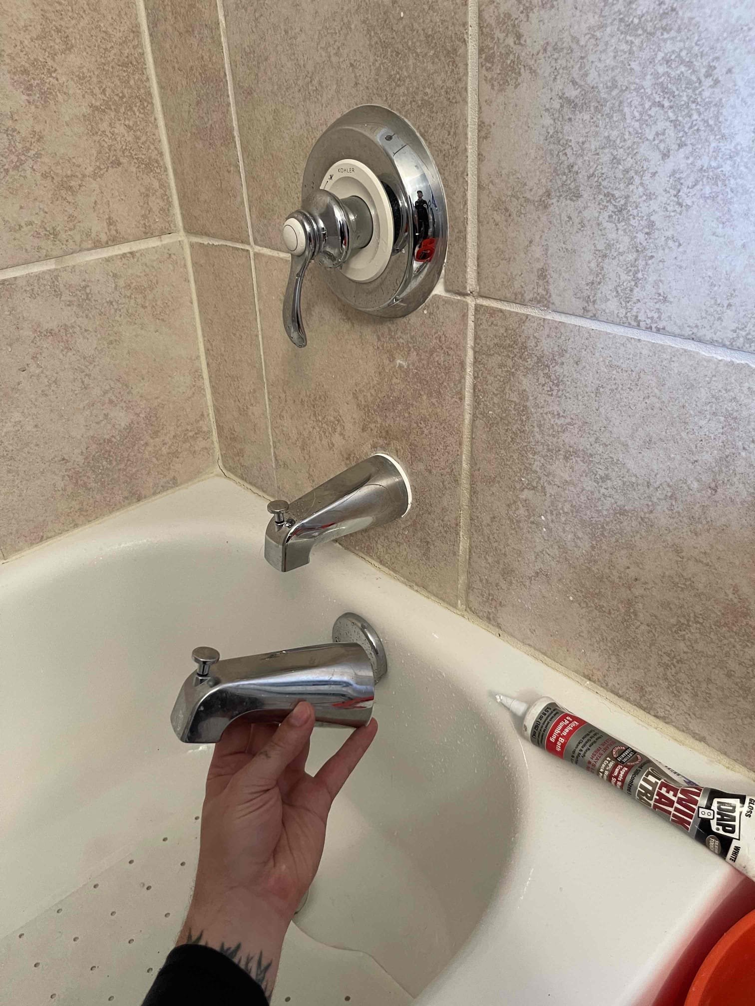 Homeowner had multiple issues going on. His kitchen faucet slowly leaks from the bottom. He is going to call Kohler to get repair parts for the faucet as it is 20 years old. We gave him a quote to return and repair or replace the faucet. His downstairs tub spout diverter was not holding the water back properly so the shower felt like it had low pressure. We cut out the old tub spout, extended the copper pipe with solder fittings, and installed a new identical tub spout. His upstairs toilet had a sponge stuck in it that was causing the toilet to drain slowly. We augered the toilet and were able to snag the sponge and remove it. Will return when the parts have arrived from Kohler for the faucet. No other issue at this time. 