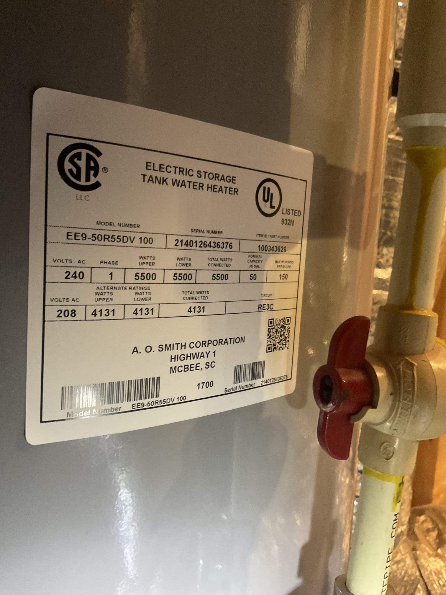 For existing eletric water heater , we replaced CPVC pipe and flexible connector with copper , replace water shut off valve with 3/4 ball valve , add pan and capped , new expansion tank installed, new tub overflow gasket installed 