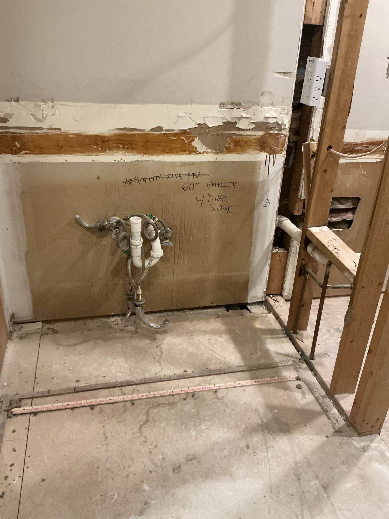 Shut off water to home and drain system. Home is currently being renovated. Customer wants to install new shower valve with features. Move shower valve from current location to other wall keeping shower head in same previous location. Add shower body sprayers below shower head and also a side sprayer on back wall of shower near the shower head and sprayers. Install all components in rough to prepare for tile in shower. Test for leaks. 
In kitchen remove garbage disposal and unhook other drain and water line to prepare for new countertops. Home is currently being renovated 
Shut off water for home and drain system. In hall bathroom and in master bathroom, cut open sheet rock to access plumbing. Install new valves for hot and cold for new faucets on both sides. Cut and set up drain for dual configuration. Test for proper operation. All work will be done as rough in prep for new vanity install by customer. Clean workspace 

Installed new ice maker box behind refrigerator and ran new line 