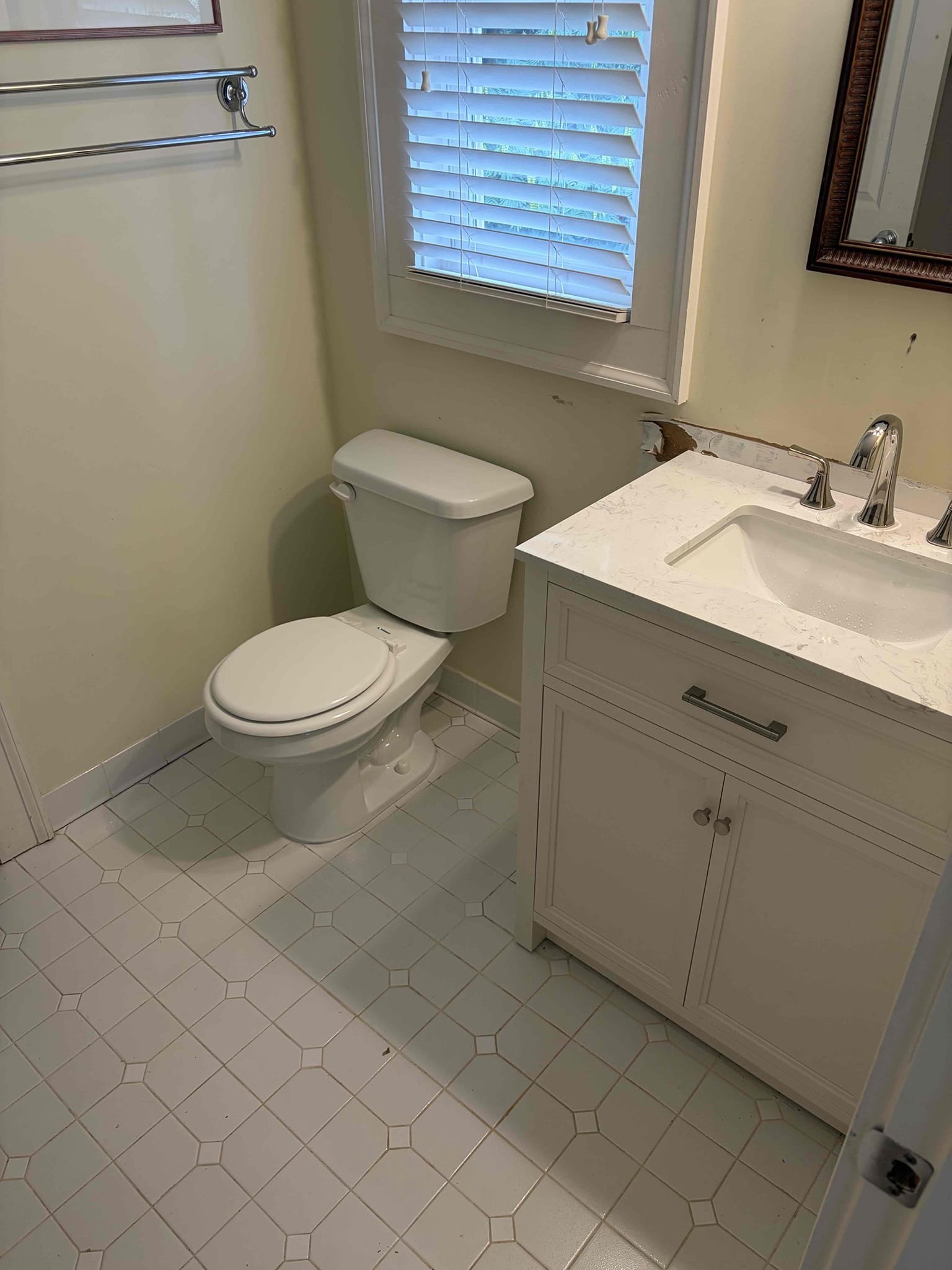 Install Chen supplied toilet 
Install customer supplied vanity upstairs  
Replace customer supplied 8in wide spread faucet 
Install two brand new service stop valves underneath vanity
Install two brand new service stop valves for toilet
Replace sink drainage 


 This CUSTOMER came out to install a brand new customer supplied vanity with all the proper install installation parts. Customer provided a new Kohler widespread faucet in addition to the widespread faucet that came with the pop-up assembly that I installed installed at hand tight installed a new tubular P-trap into service stop valves below with proper connections so they can be easily threaded off and new ones can be installed in addition to that the vanity we had to make some modifications to where the pipes come in so we had to do 90s below, to get the proper Fitbit correctly installed three new discussions, one for the toilet and two for the supply lines for the vanity installed two brand new 30 inch supply lines and the va