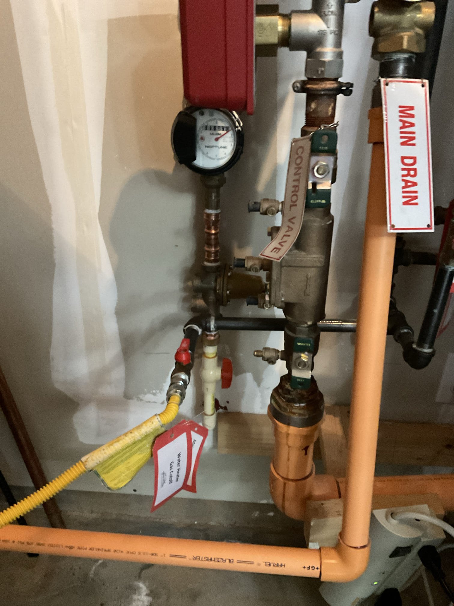 Installed customer supplied 3/4 Flo by Meon , replace main water shut off valve with 3/4 propress ball valve , repositioning water meter , prv and Flo by Meon properly supported by wood and strap , clean shower drain and rebuild a top floor toilet with new fill valve , flapper and supply line . 