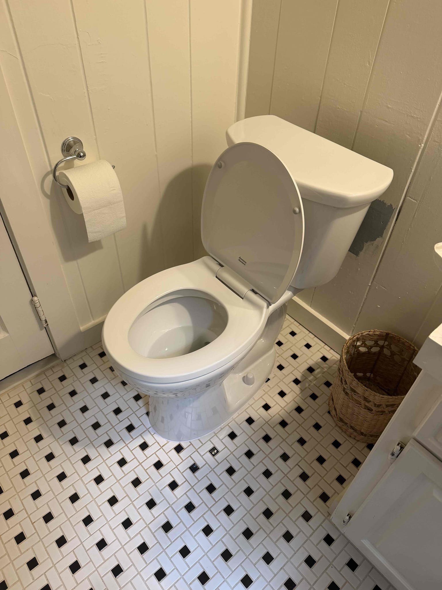 In guesthouse, removed existing toilet and furnishing installed new ADA round front toilet. Tested and toilet was working properly with no leaks present at this time. Also in guest house crawlspace, remove the existing water heater and hauled away. Furnished and installed new 50 gallon lowboy electric water heater with new thermal expansion tank and bracket. Also rework main waterline and installed new main house shut off valve closer to crawlspace door. Tested all work and no leaks were present this time. Turned water heater on. Cleaned up work area.