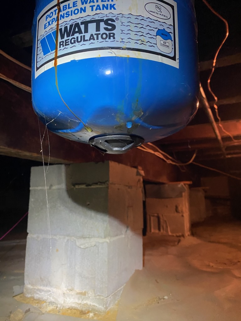 Found thermal expansion tank in front of new prv leaking. Replaced thermal expansion tank with new thermal expansion tank. .