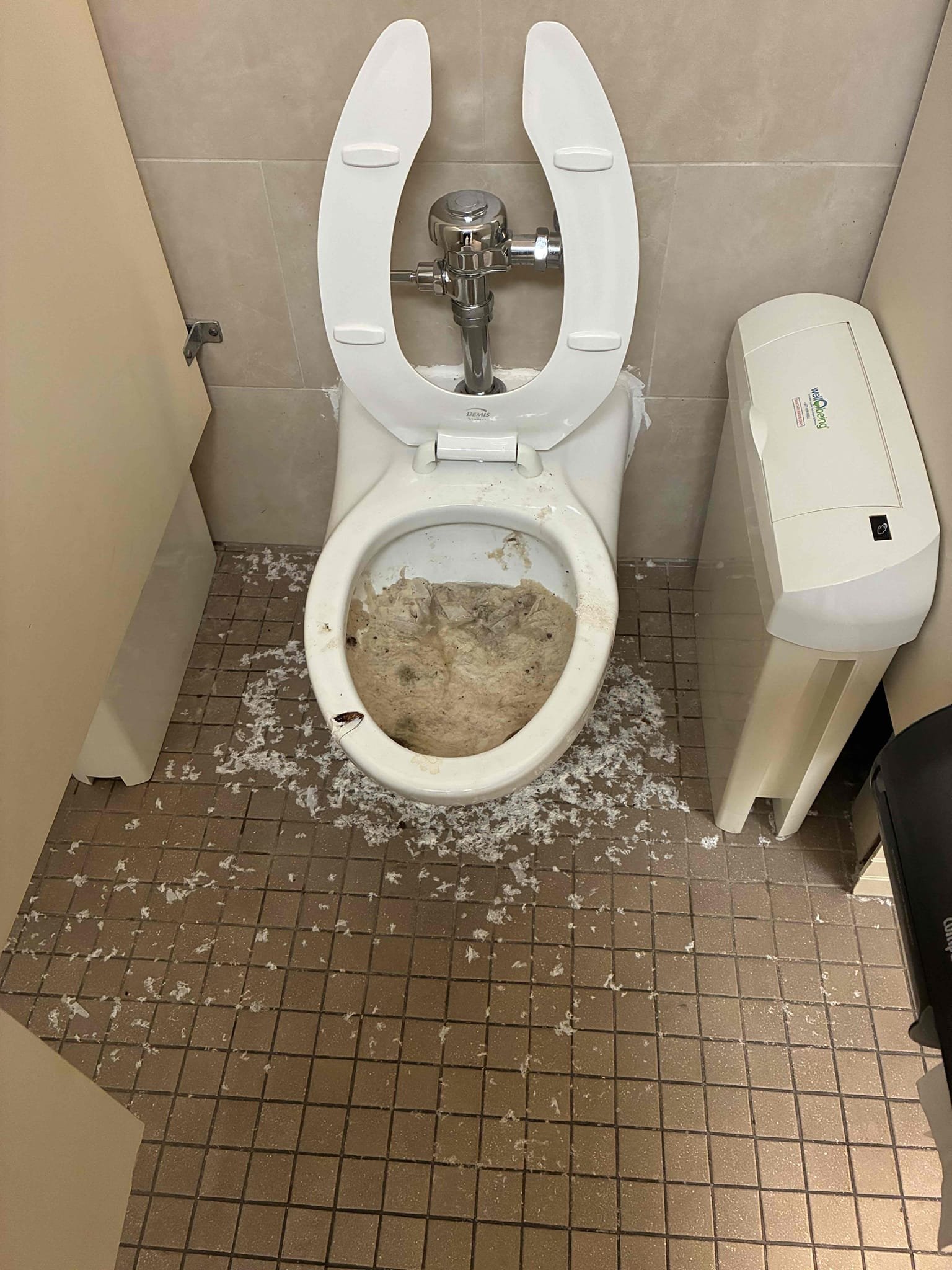 Snaked carrier drain line between the two restrooms. Pulled back feminine products. Flushed all toilets several times to test. Left in good working order.