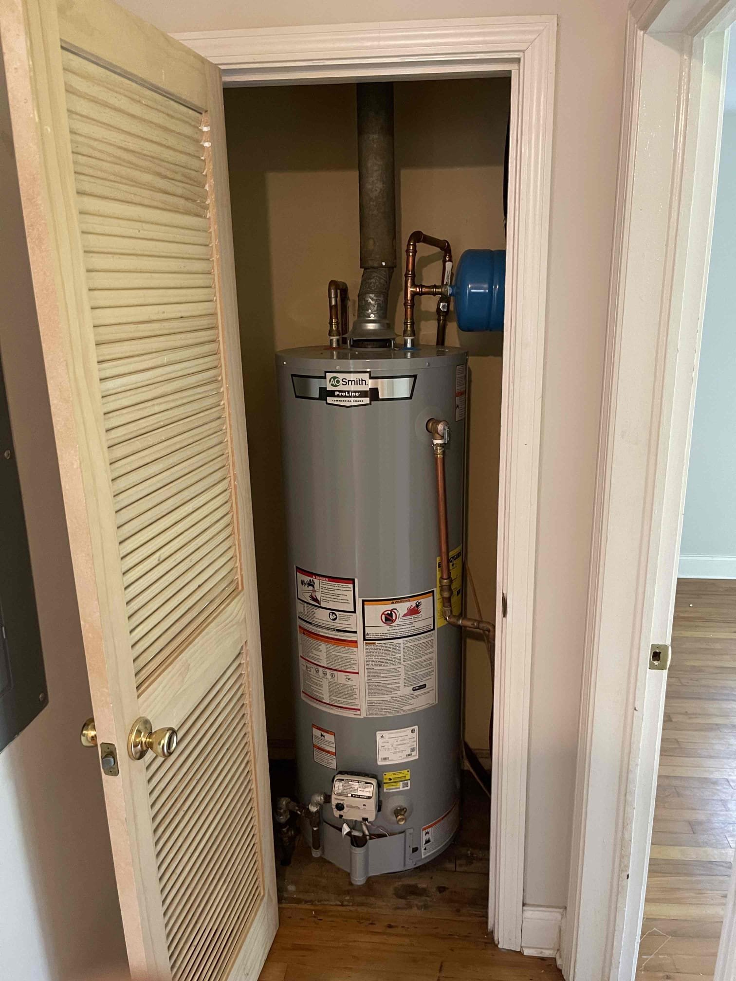 Came out to quote an installation of a pan for the water heater. We met with the homeowner and inspected the water heater in the closet. Water heater is a 40 gallon gas AO smith. Tank had an mfg of 2021. Gave quote to cut out and reinstall the water heater, bringing it up to code on the installation as there were code violations on the current installation. Homeowner mentioned the water was coming out scalding hot but the gas control valve was set to vacation mode and was not giving any notifications on the indicator light. They mentioned they asked a handyman about the hot water and he looked at the water heater. Unsure if he turned it down and the residual water in the tank is still just hot. Recommended they reach out to the manufacturer as the tank is still under warranty and see if this is a problem they have dealt with on this model water heater. Also gave quotes for other options. Homeowner wants to consider the option of just getting a new water heater and having us come instal