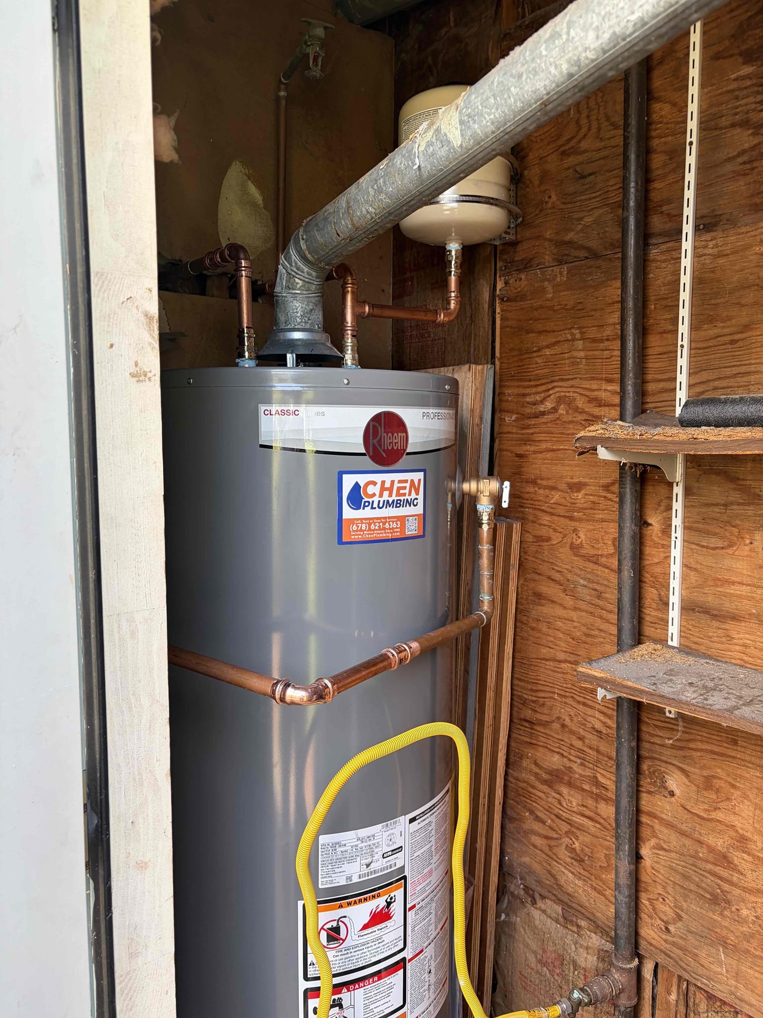 Replace 40 gallon water heater & upgrade to 50 gallon in the utility closet in the back of the home 
Install a new thermal expansion tank
Replace the black iron fittings for the gas piping 
Repipe the water lines to accommodate the copper pipes and shut off valves 


For this job I replaced the 40 gallon water heater in the utility closet and replaced the unit with a 50 gallon commercial grade Rheem water heater. The previous water heater wouldn’t light and as result the age of the unit I would recommend to replace rather that repair due to trying to find the parts for the 14 year old unit. Above the unit there was a fire sprinkler so therefore I put that back on the water heater before the shut off valve. Installed a new 1/4 turn ball valve following A NEW thermal expansion with bracket per ga code. Following that I installed all new copper fittings on the hot side. I replaced the black iron sediment trap for the gas and installed a new yellow gas line per ga code. There are no gas or