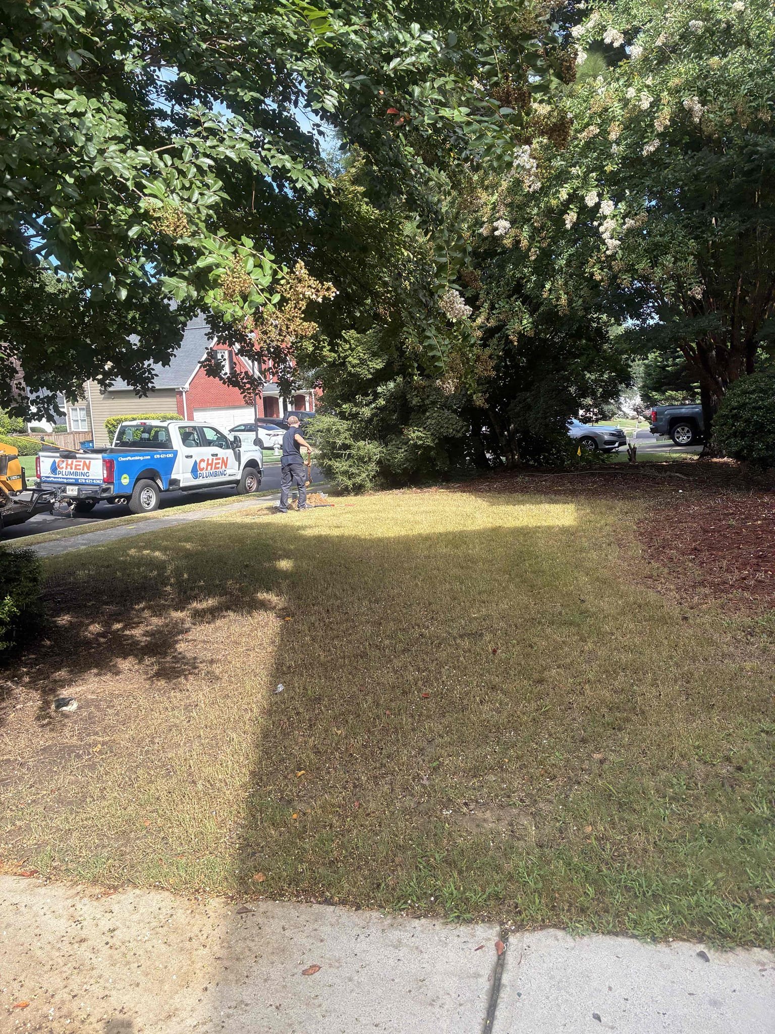 upon arrival, customer stated leak on water service. After doing a check inside home and shutting off main valve determined leak was before main valve back to meter. Due to location of line and age. suggested to replace line to remove line from underneath slab and to fix leak. After approval, return to start water service trench from meter under driveway with a bore to side of house drilled down to stub in new water service then ran inside piping to existing location of Main. Also installed new main valve and PRV as a part of pricing. After waterline was connected, checked for leaks and backfilled trench to best of ability. Pressure is now set at 60.