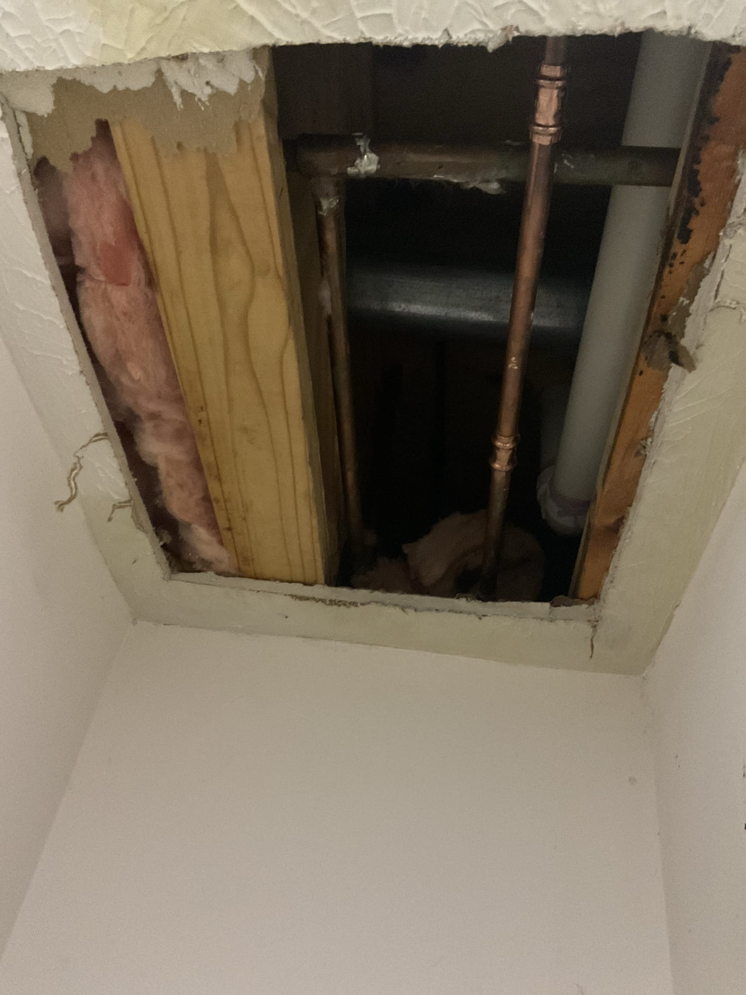 Cut ceiling open fixed a 1/2 “ copper pinhole leak , replaced a section bad pipe with new and used propress copper fittings 