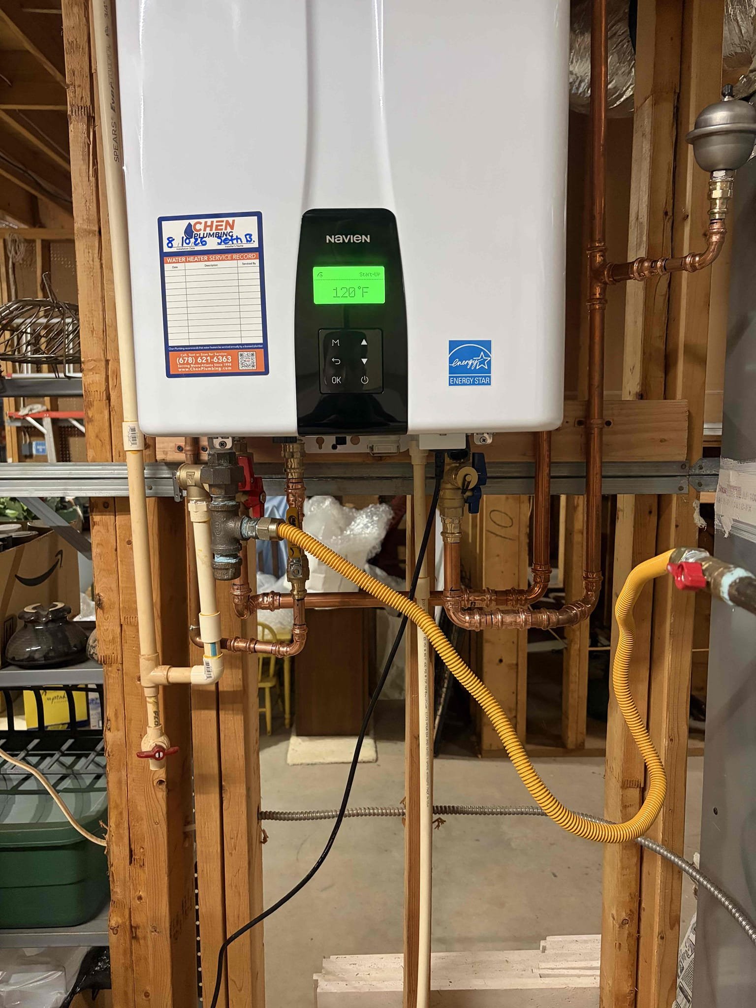 Upon arrival, customer has leak coming from tankless water heater. Found leak coming from heat exchanger and recirculating pump. Informed customer we can rebuild tankless or replace tankless with new Navien 240A2. Customer approved tankless swap out. Installed new Navien with new service ports and expansion tank. Tested unit, tankless is lit and working properly at departure. No leaks at departure. 