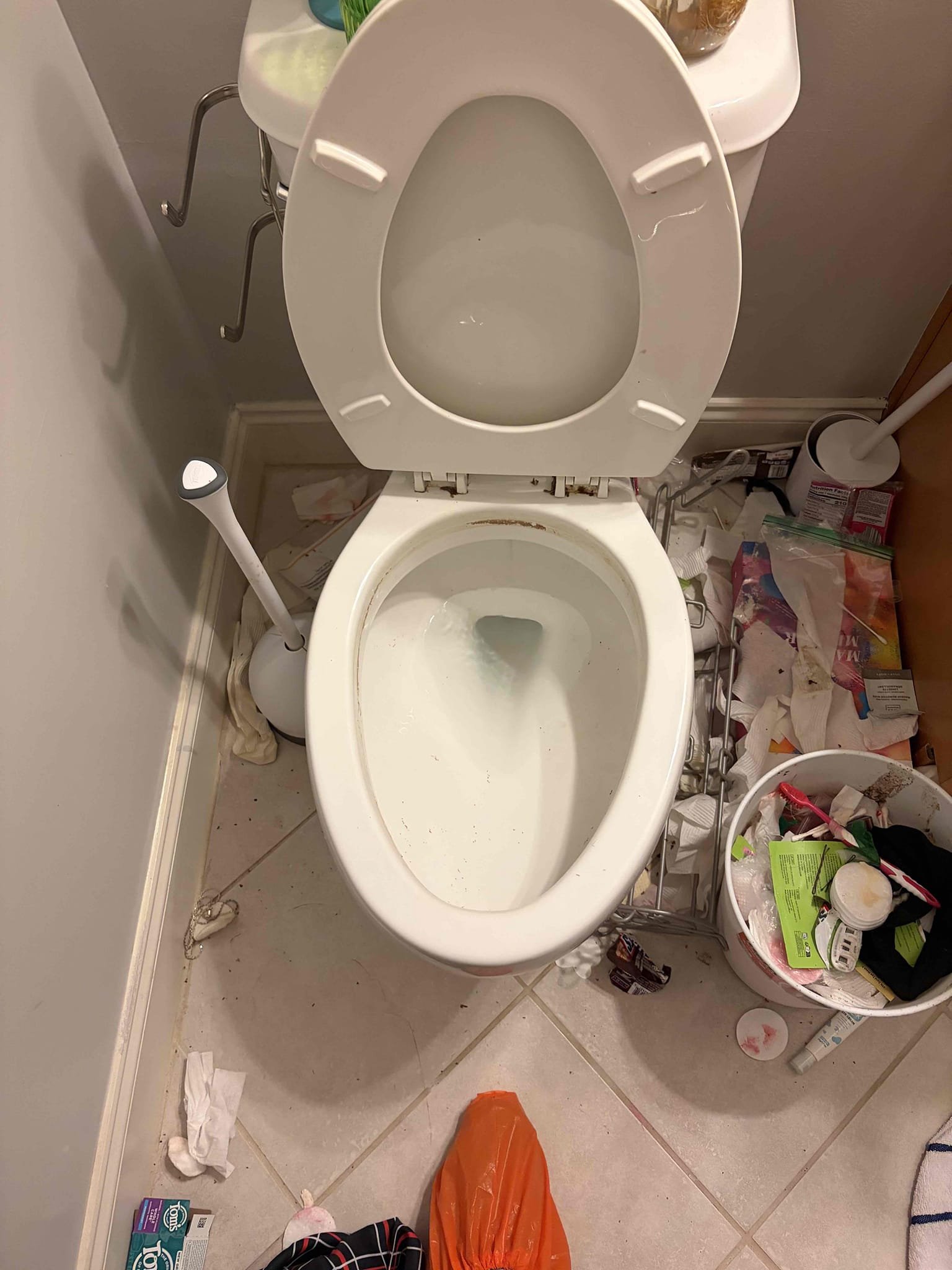 Upon arrival, customer has toilet backing up in basement bathroom. Confirm that only toilet is clogged. Provided customer estimate to run toilet auger to attempt to clear blockage. Successfully cleared blockage, clean toilet for customer. Toilet is now draining and flushing properly at departure. Also noticed water heater is from 2006, provided customer with estimate to replace 50 gallon gas water heater.