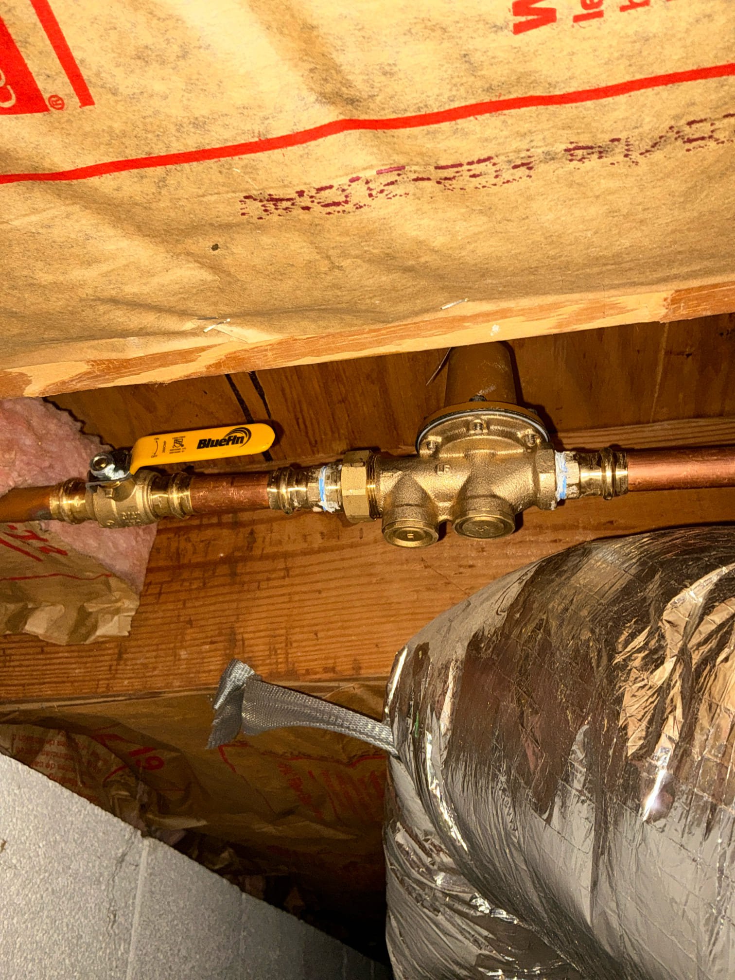 Found water pressure was 95psi. Replaced main shut off and Prv. Set pressure to 50 psi. Tested and left in good working order.