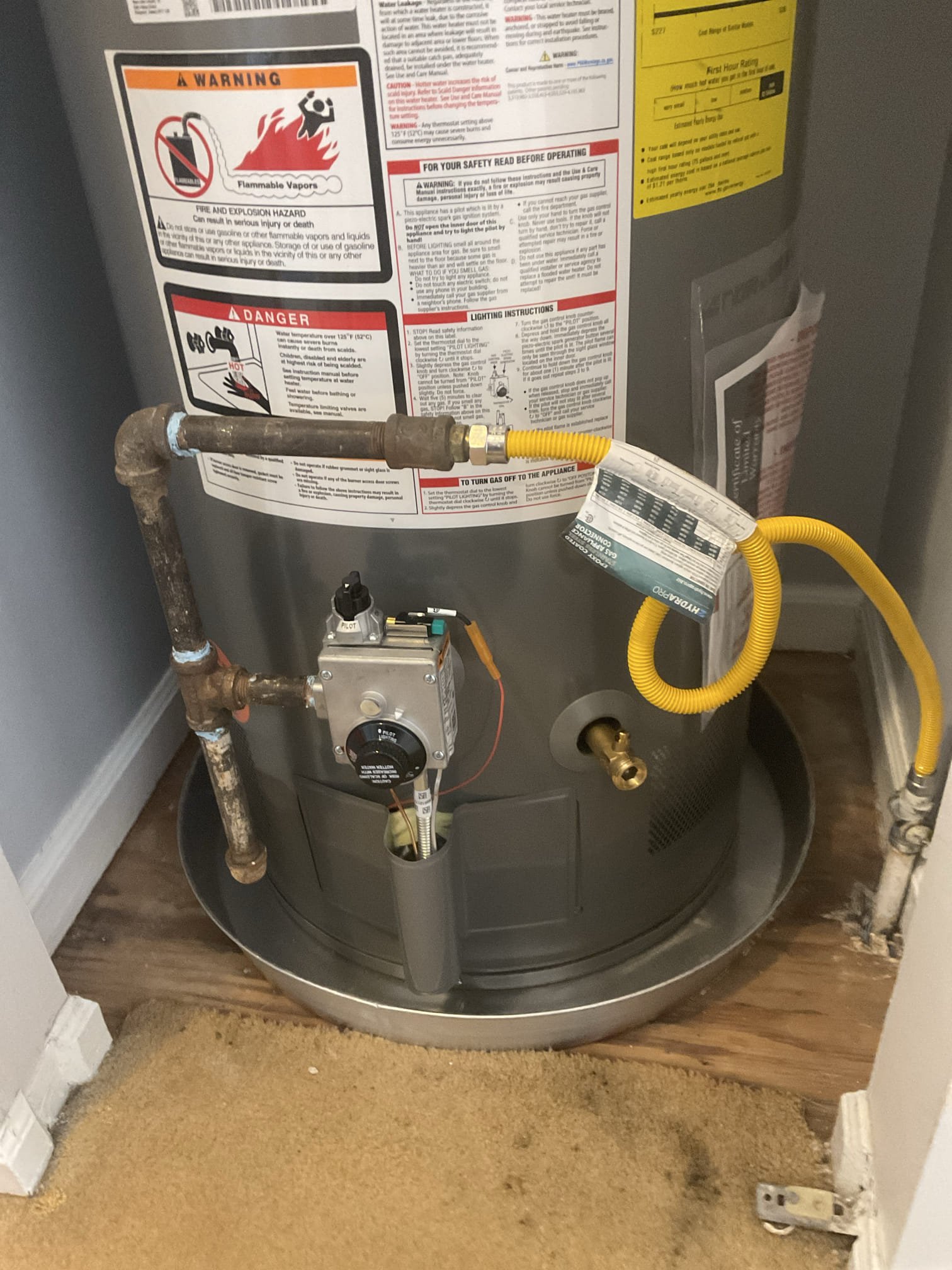 Today we replaced a old 40 gal gas water heater in second floor closet , upgrade to 50 gal with discussion to customer, new water shut off valve , expansion tank , pan , gas flexible connector installed.