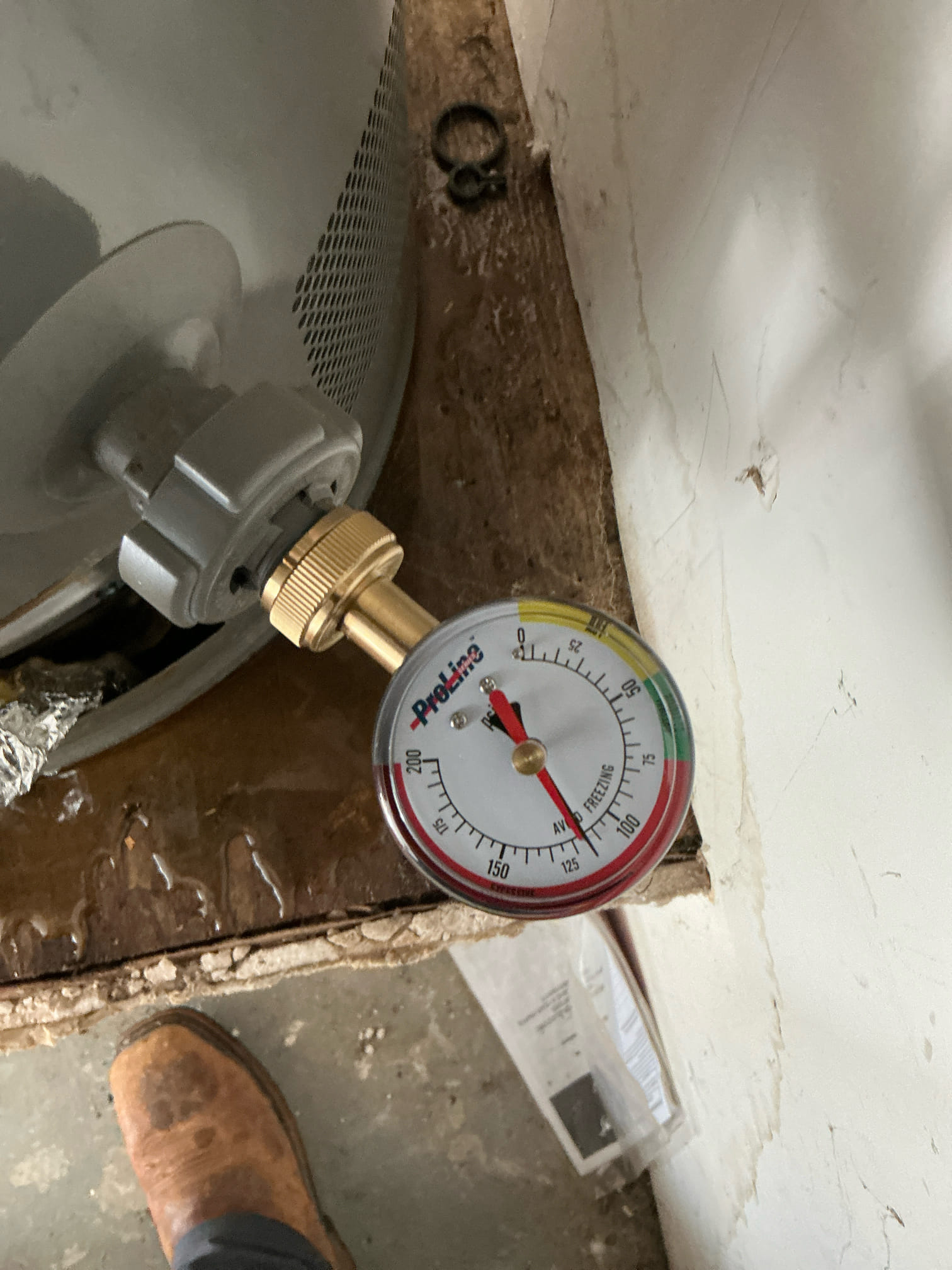 Found water heater leaking and system water pressure at above 125psi. Recommend replacing water heater and installing high pressure Prv.