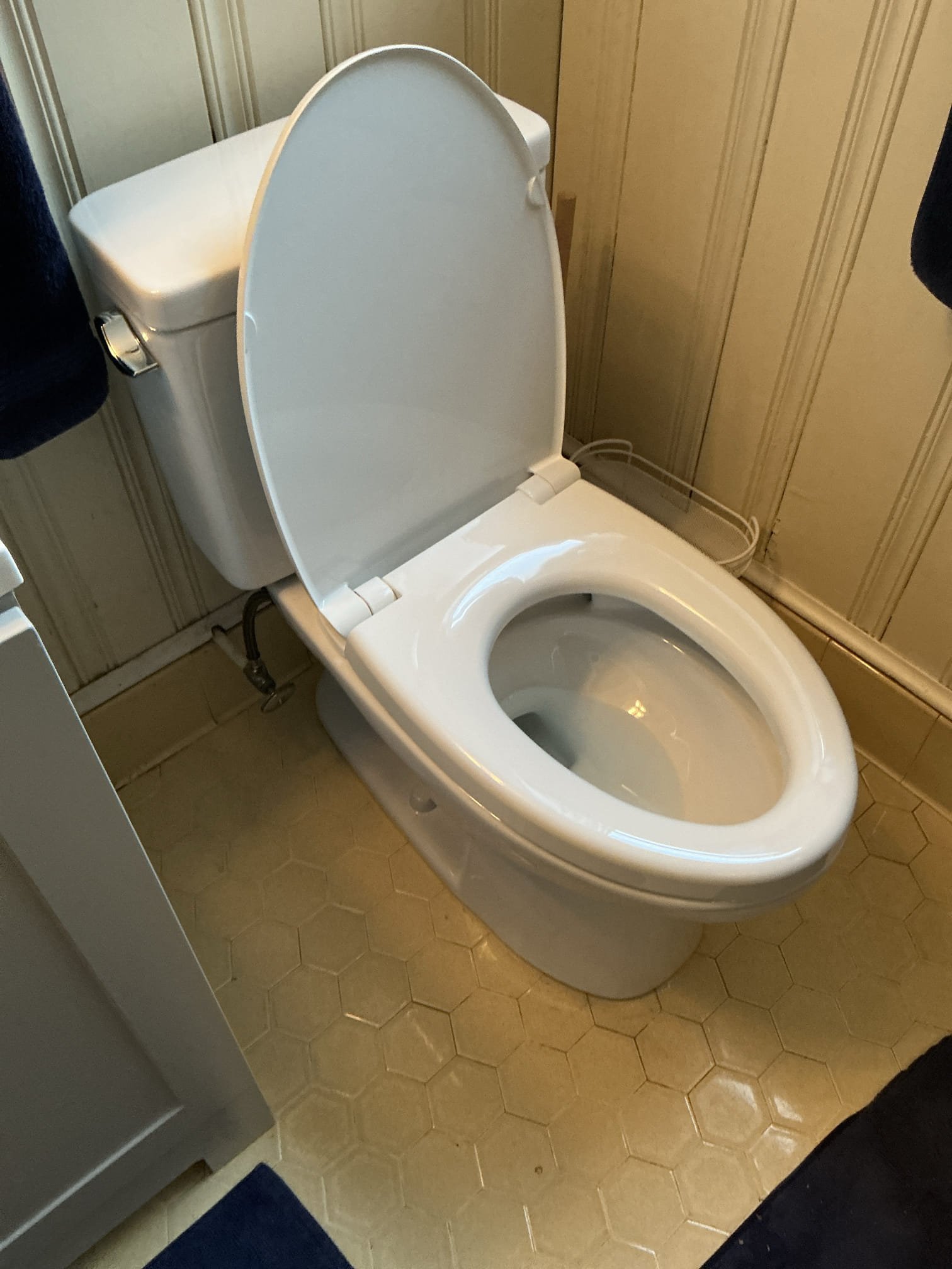 Installed new customer supplied Toto toilet. Installed new toilet with new flange (old one came off with toilet, cast iron over pour flange), new toilet bolts, and new toilet supply line. Tested toilet for proper operation. Toilet working well and flushing well. Cleaned workspace 

Left estimate for new water heater 
