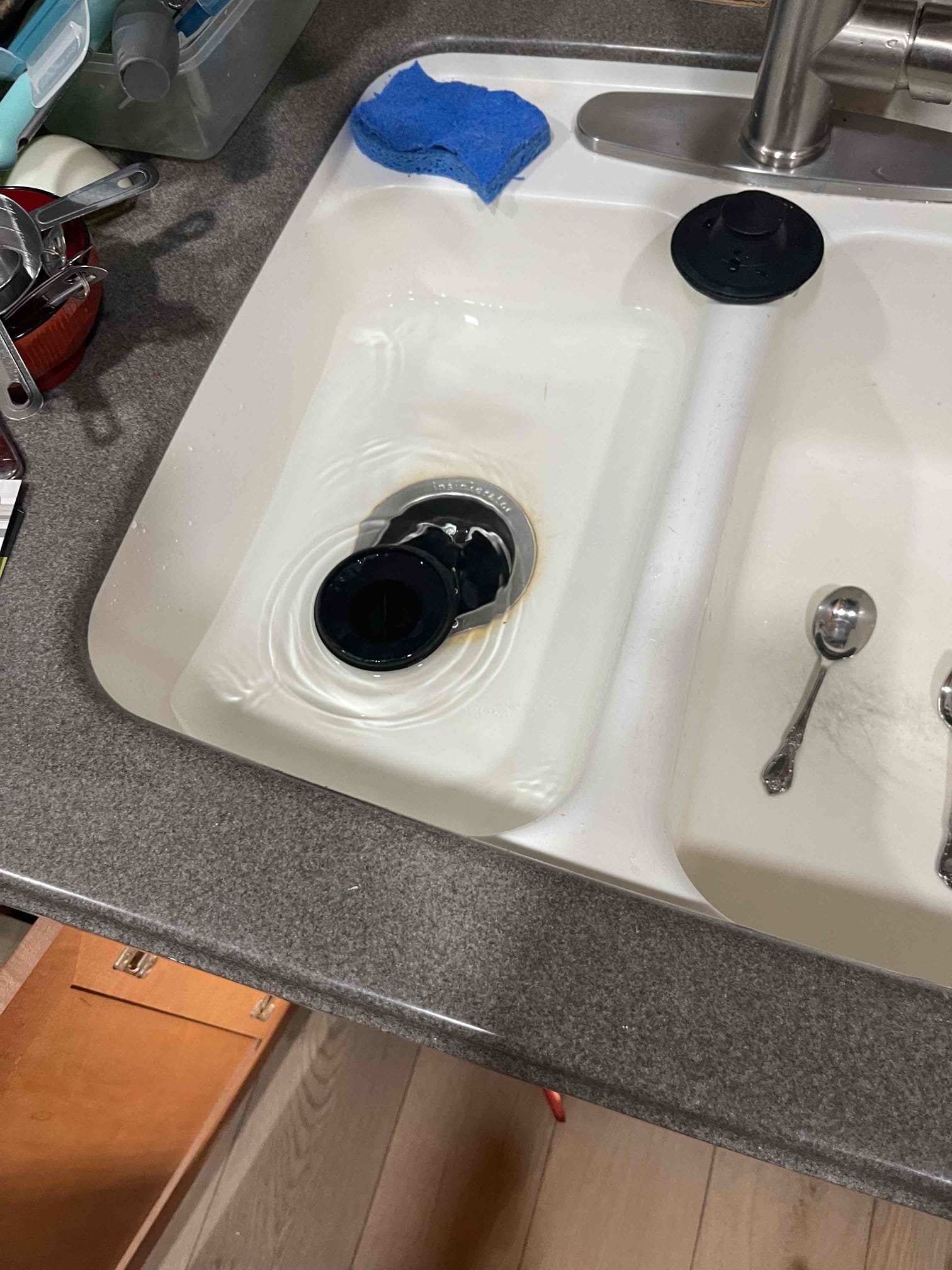 Swapped out garbage disposal for a new 1/2 hp insinkerator. Replaced the mounting bracket as well. Tested to ensure proper function and a leak free install. Filled up left sink basin and let it drain to verify no slow leaks out of the seal and water drained at an adequate rate. No further issue at this time. 