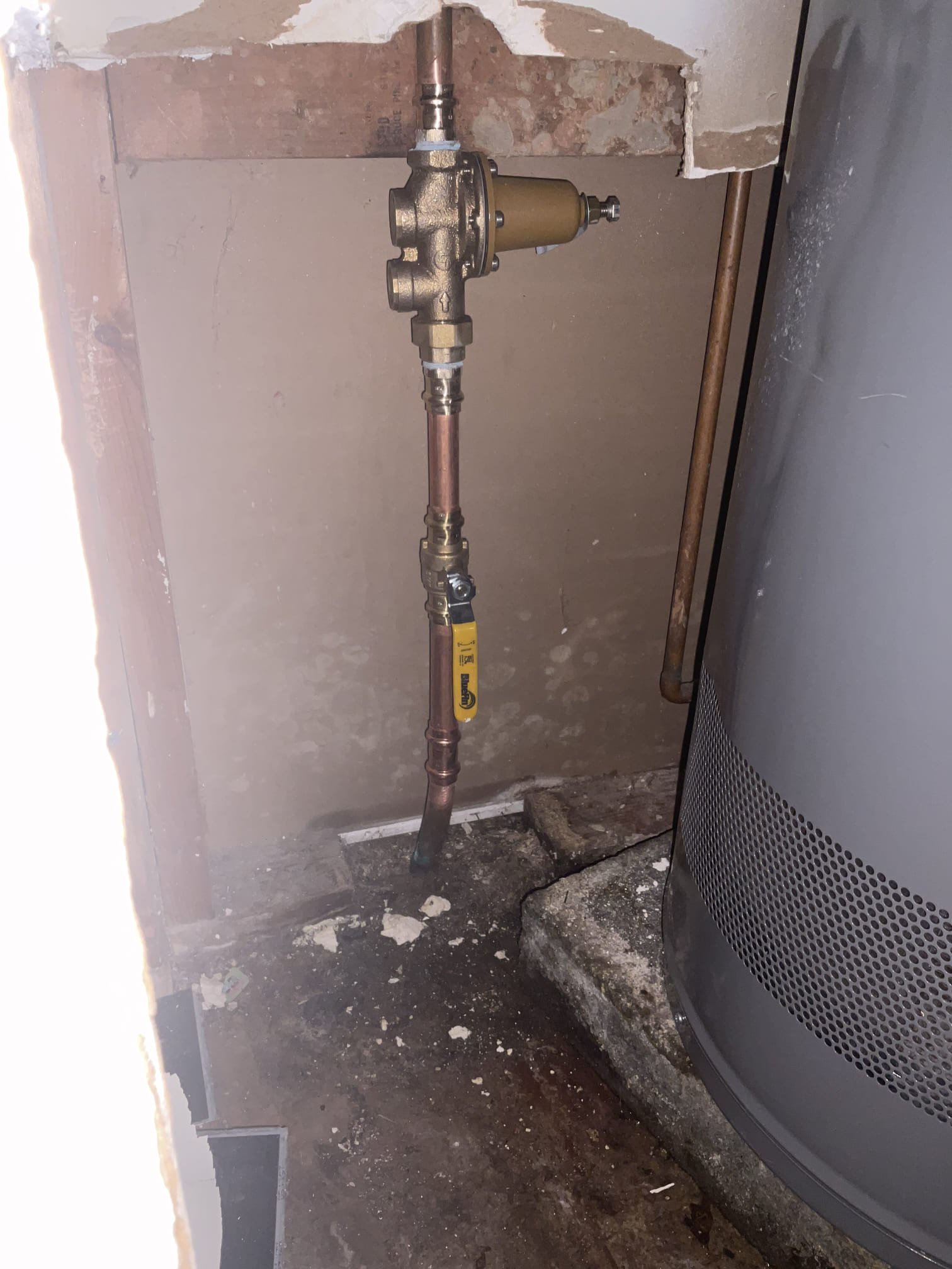 Replaced main water shut off valve with 3/4 propress ball valve , prv ,redo hvac pvc line to the floor drain 