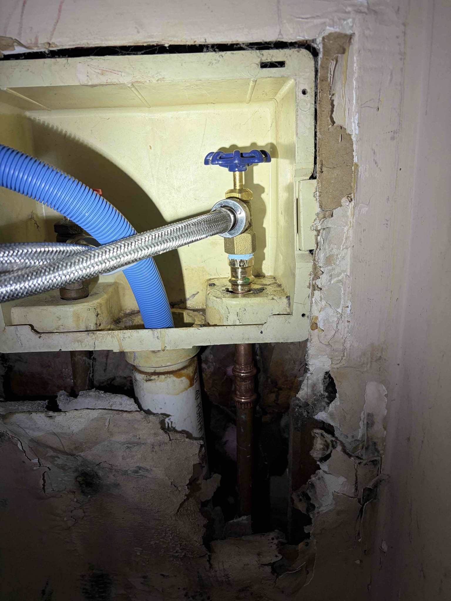 Replacement of the cold side boiler drain only

I replaced the 1/2 shut off valve in the laundry room. The valve was leaking from the stem, the pressure on the house fine the Prv was replaced as result of the pressure is fine so the cause of the issue lies between an old gate valve shut off. For the repair I removed a little bit of drywall to access the pipe and use a propress connection to repair the pipe. At this t8me the water is back on and there are no leaks at this time.