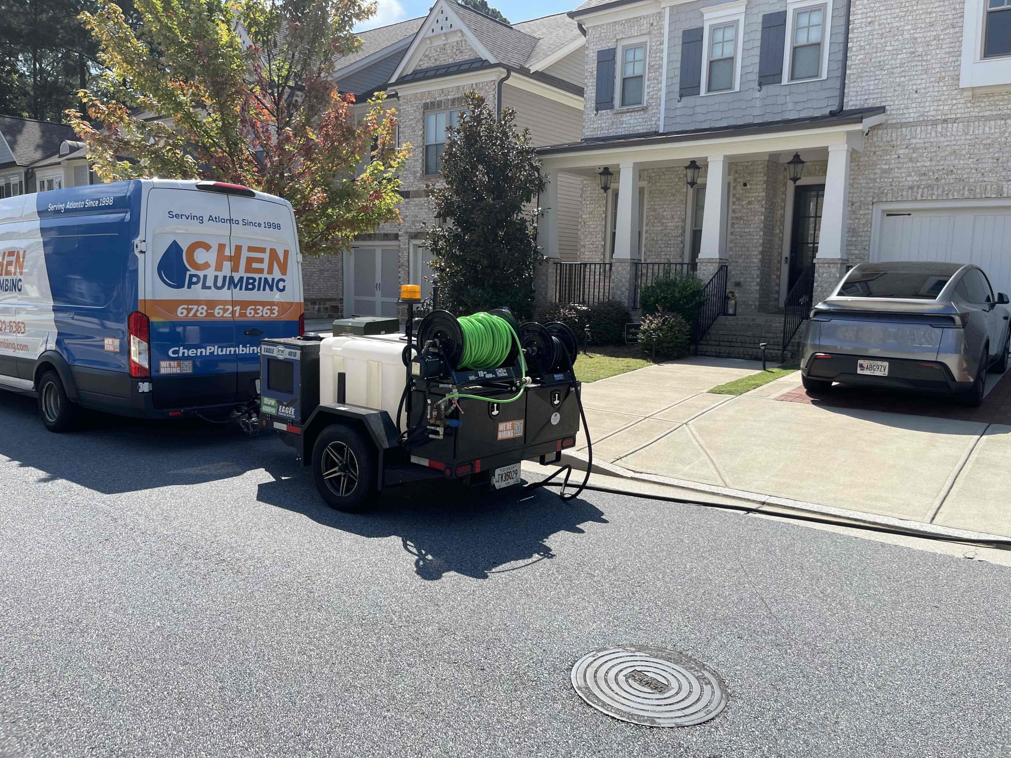 Came out for mainline blockage. Arrived and met with homeowner. He explained that any time a toilet was flushed inside the home, they were getting a lot of gurgling noises. We could not find an outside cleanout, but the city cleanout was shallow enough we could reach down and run the camera up the line from where the drain connects to the city cleanout. We ran camera 25’ up the line and found 2 bellies, and a break with a root intrusion up near the foundation wall. Sewer line pitch has been affected by what appears to be the home settling. Sewer line nearest the house has had all of the buried drain piping sink with the house and drain line is no longer running downhill in sections. We received approval to jet the sewer line. Went and retrieved mainline hydro jetter from our shop and returned. Jetted the roots with 3000 psi and cut the roots out of the pipe. This did restore flow to the drain for the time being, but this is a temporary fix. Jetting did not do anything to address the im
