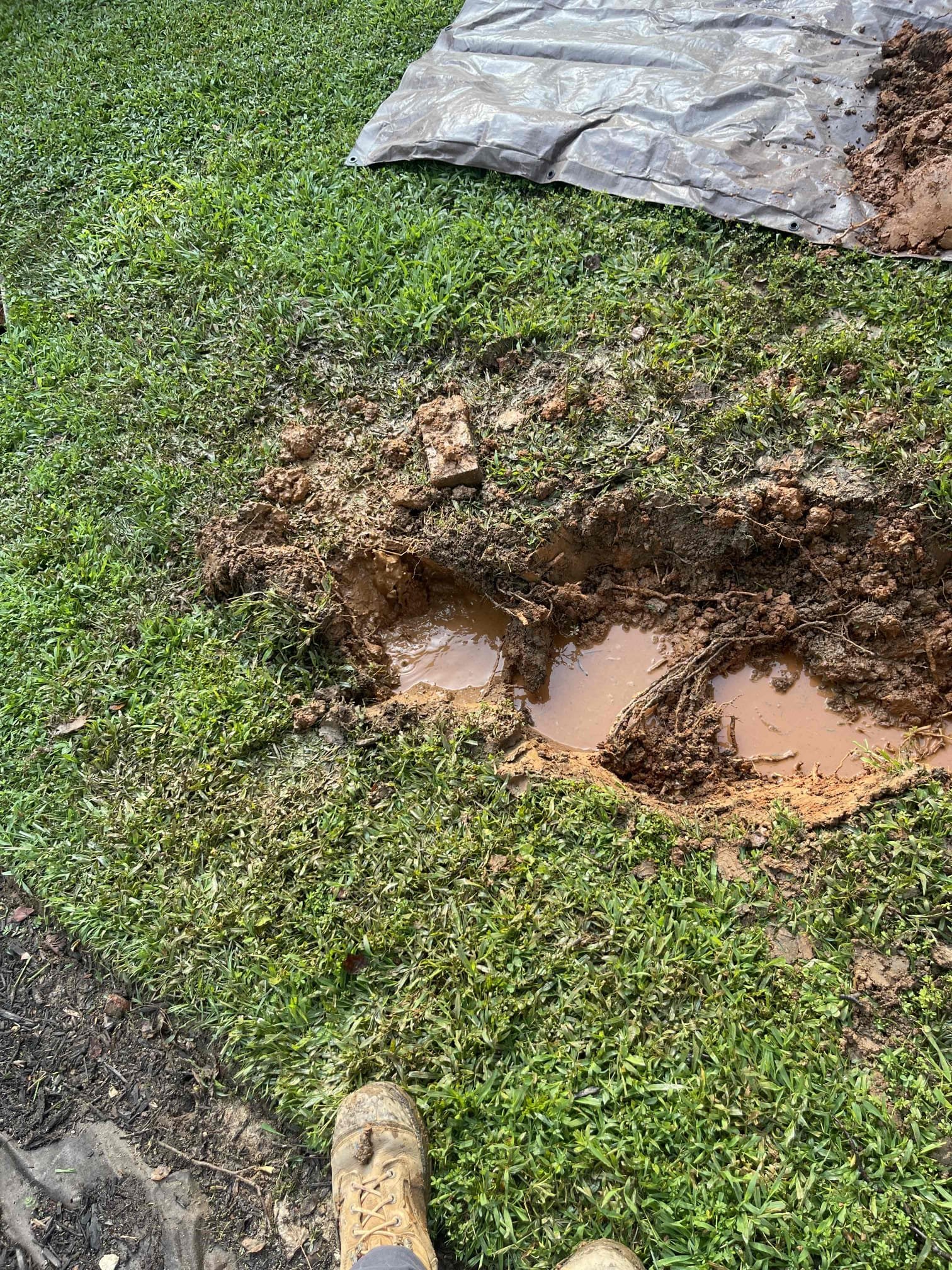 Came out for a leak in the yard. Saw water coming up through the grass and verified meter was spinning. Homeowner already had the county out and verified the issue was the homeowners responsibility. We dug up the wet area in the yard and found it was a split in the copper water service. Water service is original to the home and this is the second time they have had a leak that I have repaired so I was familiar with the history. Gave options to repair or replace and homeowner elected to do a repair at this time. We cut out the damaged section plus an additional foot in either direction. Replace total of 2’ of the water service with pex. Flushed all of the mud out of the water service before completing repair. Tested repair to confirm a leak free install. Confirmed at meter the dial was no longer spinning once fully pressurized, indicating no other leaks going on at this time. 1 year warranty on repaired section only. 