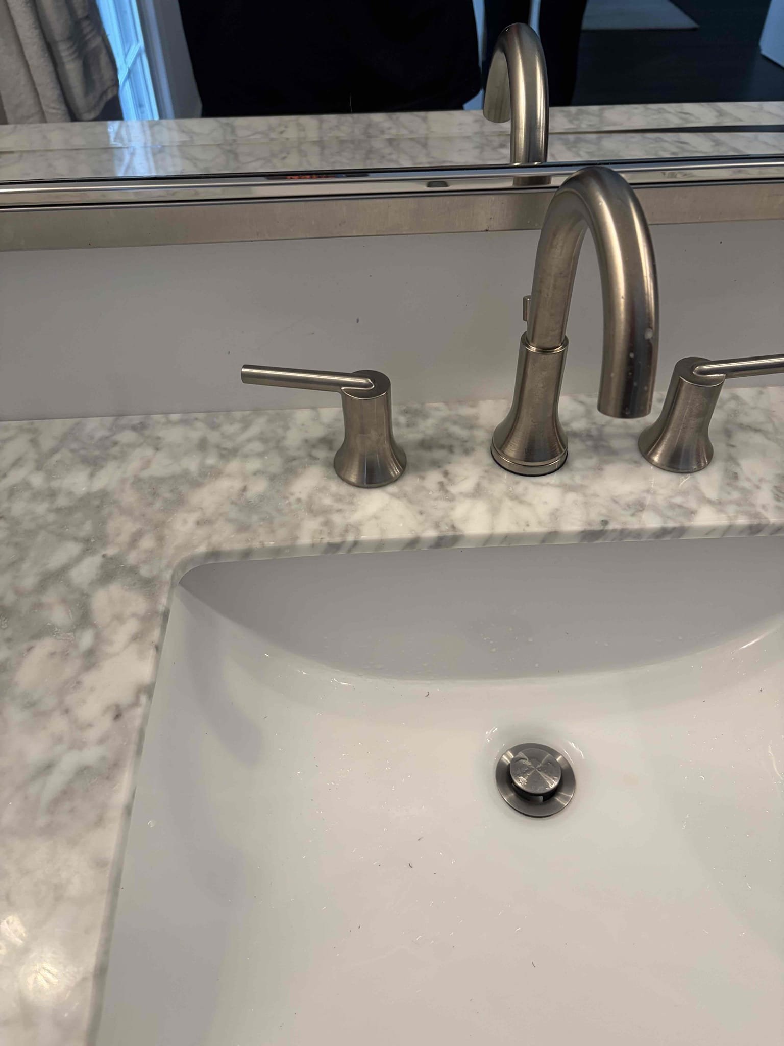 Customer has new faucet handle. Install installed new delta handle. Faucet is now installed and working properly at departure. No leaks at departure.