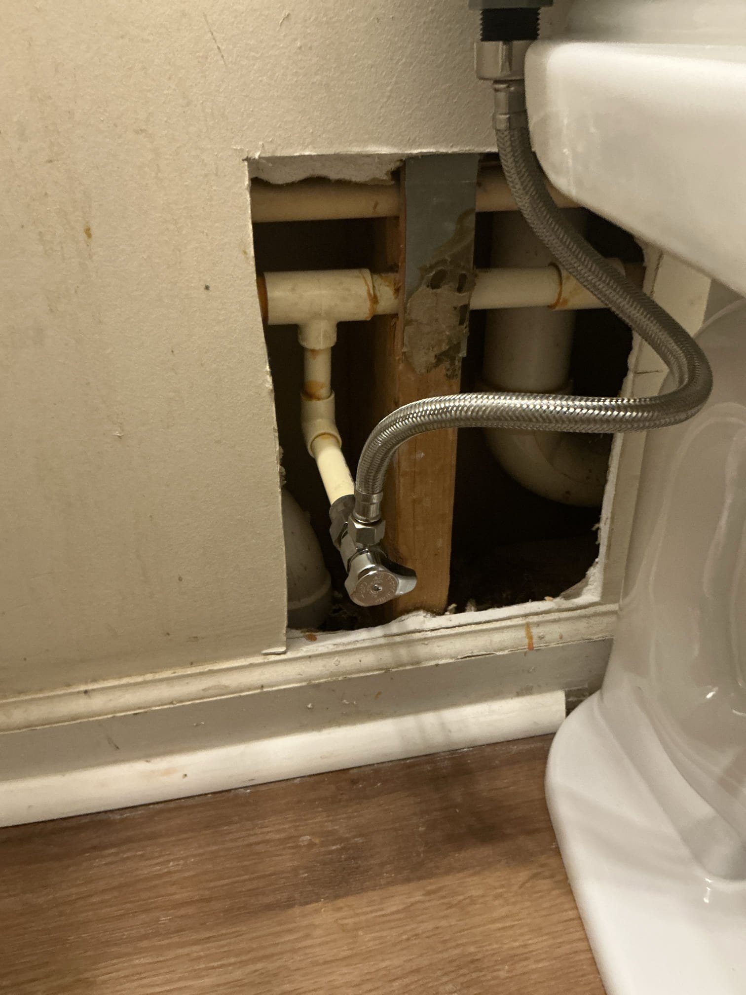Installed customer supplied new Toto toilet. Installed new toilet with new wax ring, new toilet bolts, and new supply line. As courtesy installed flange repair spanner to hold new bolts. Install new toilet and tested for proper operation. No leaks after work completed.

While pulling old toilet accidentally broke cpvc supply stop. Quickly cut off water and repaired section of pipe and installed new 1/4 turn shut off valve. Completed this work at no extra cost due to accidental install mistake 
