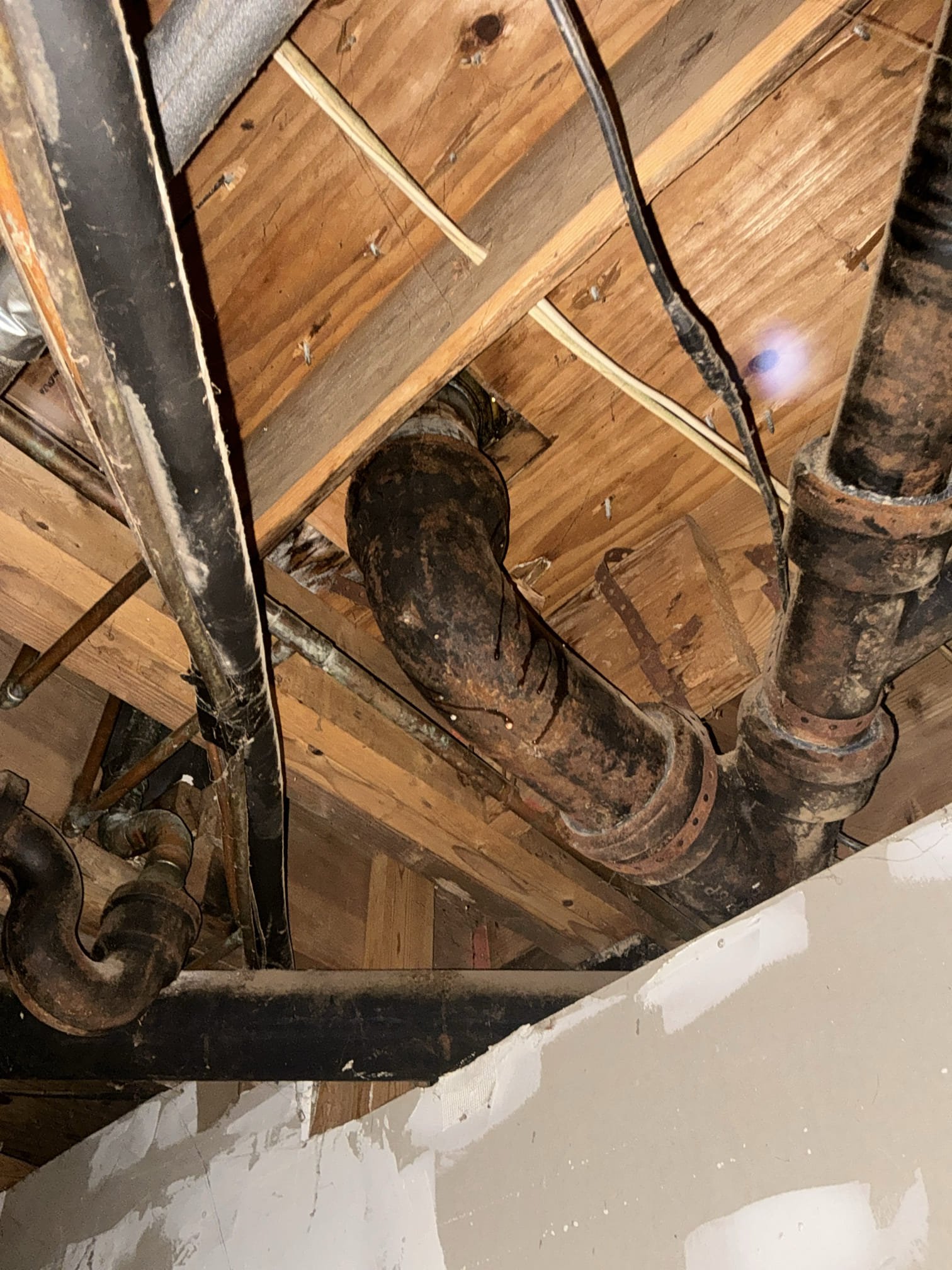 Diagnosed toilet leaking into basement. Noticed leaking near flange from below. Pulled toilet and found flange to low. As courtesy installed cast iron to pvc twist flange. Reset toilet with new toilet bolts, new supply line, and new wax ring. Tested toilet for proper drain and no leaks found after work completed. Cleaned workspace 


Left estimate for water heater replacement 