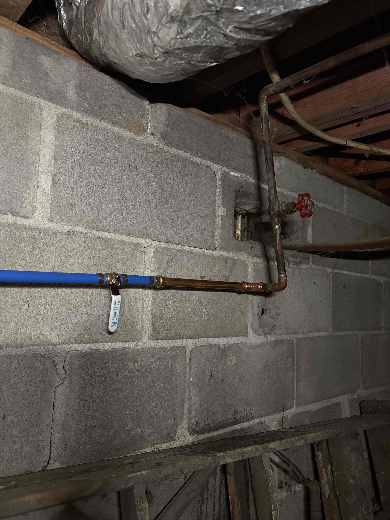 Shut off water to home and drain system. In crawlspace add tee and branch off for new hose bib line, install new shut off valve. Run new line from crawlspace to back porch and mount hose bib on wall. Install bleeder valve to winterize. Test all work for proper operation. Clean workspace 

As courtesy replaced shower arm and shower head in basement bathroom at same time. Tested and no leaks after completion 