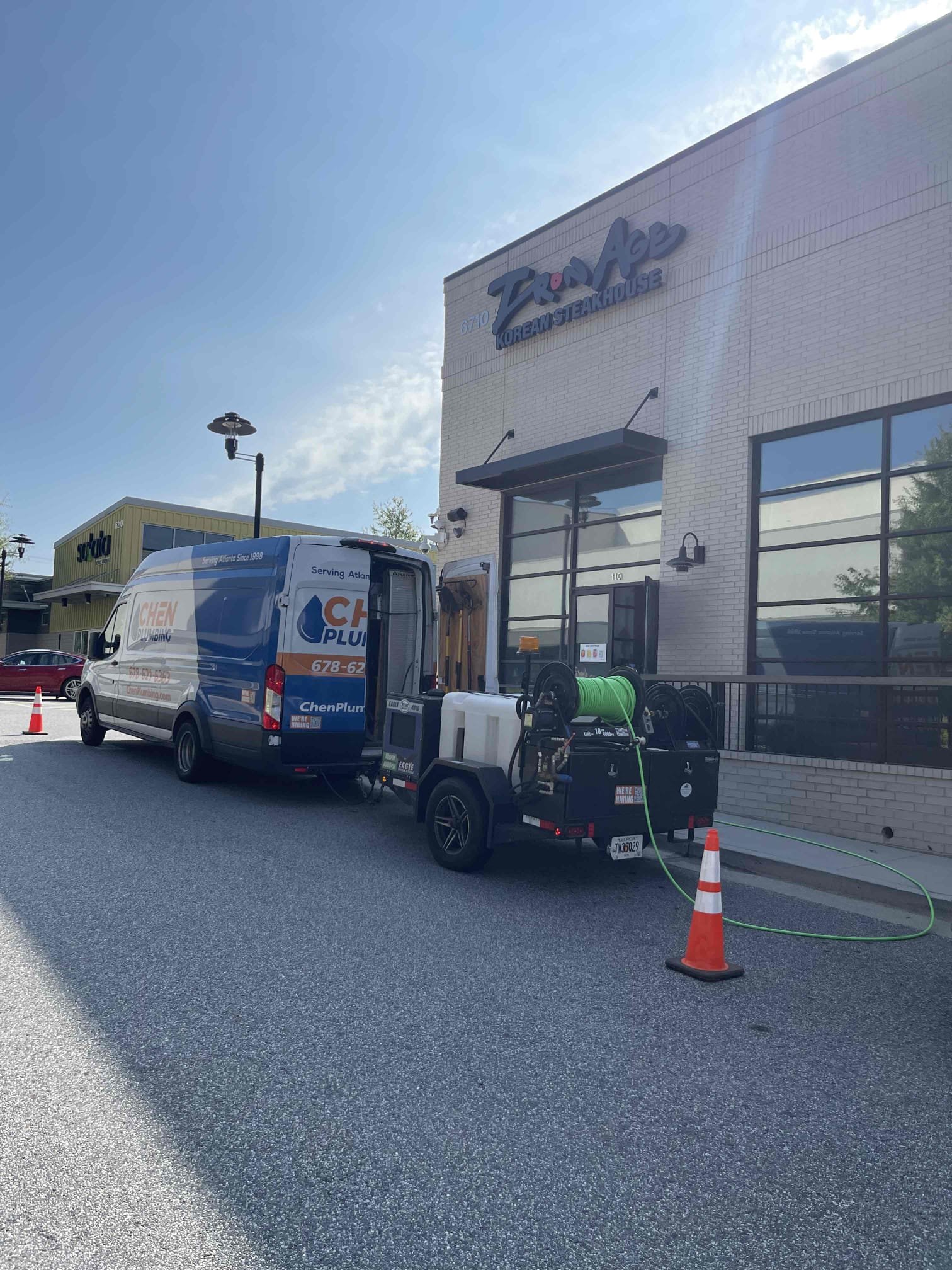 Came out for a back up at the bar sink. Found the floor drains all holding water. Ran camera 50’ down the line and located blockage in the same belly as last time. We went and got the jetter and returned. Jetted 100’ of the drain from the bar sink and flushed it completely clean. There is still standing water in the belly which the business owner is aware of. Ensured all fixtures were properly draining. No further issue at this time. 