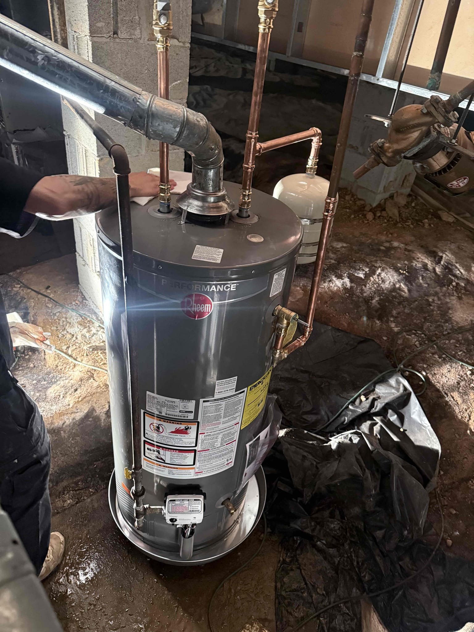 Returned to install two new 40 gal gas short water heaters with new pans, expansion tanks, and shutoffs on both hot and cold sides. Installed both water heaters and turned on water and gas to check for leaks. Found no leaks. Fired up both water heaters to ensure they were working properly. Both water heaters are working properly and no leaks up departure. We are not responsible for the Recirc pumps, one was previously abandoned on the last install and the other we tied back in but it will have not warranty. Both water heaters have a 6 year part and 1 year labor warranty. Customer will have hot water in 45 minutes to an hour 