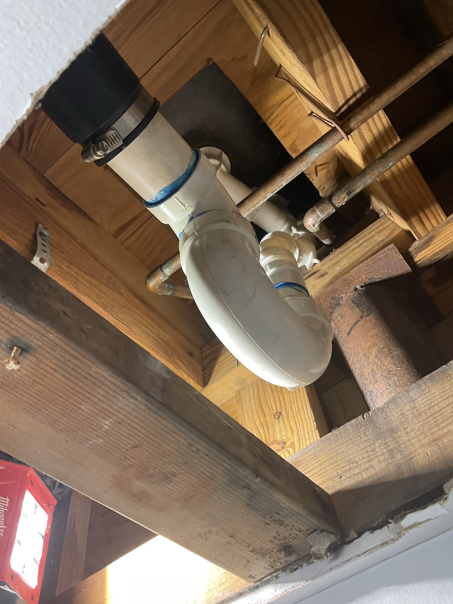 Replaced a 2” cast iron p trap , waste and overflow assembly with chrome lift and turn type , supply and install Grundfos hot water recirculating pump with cross over valve under the kitchen sink . Caulk three handle tub and shower faucet set . 