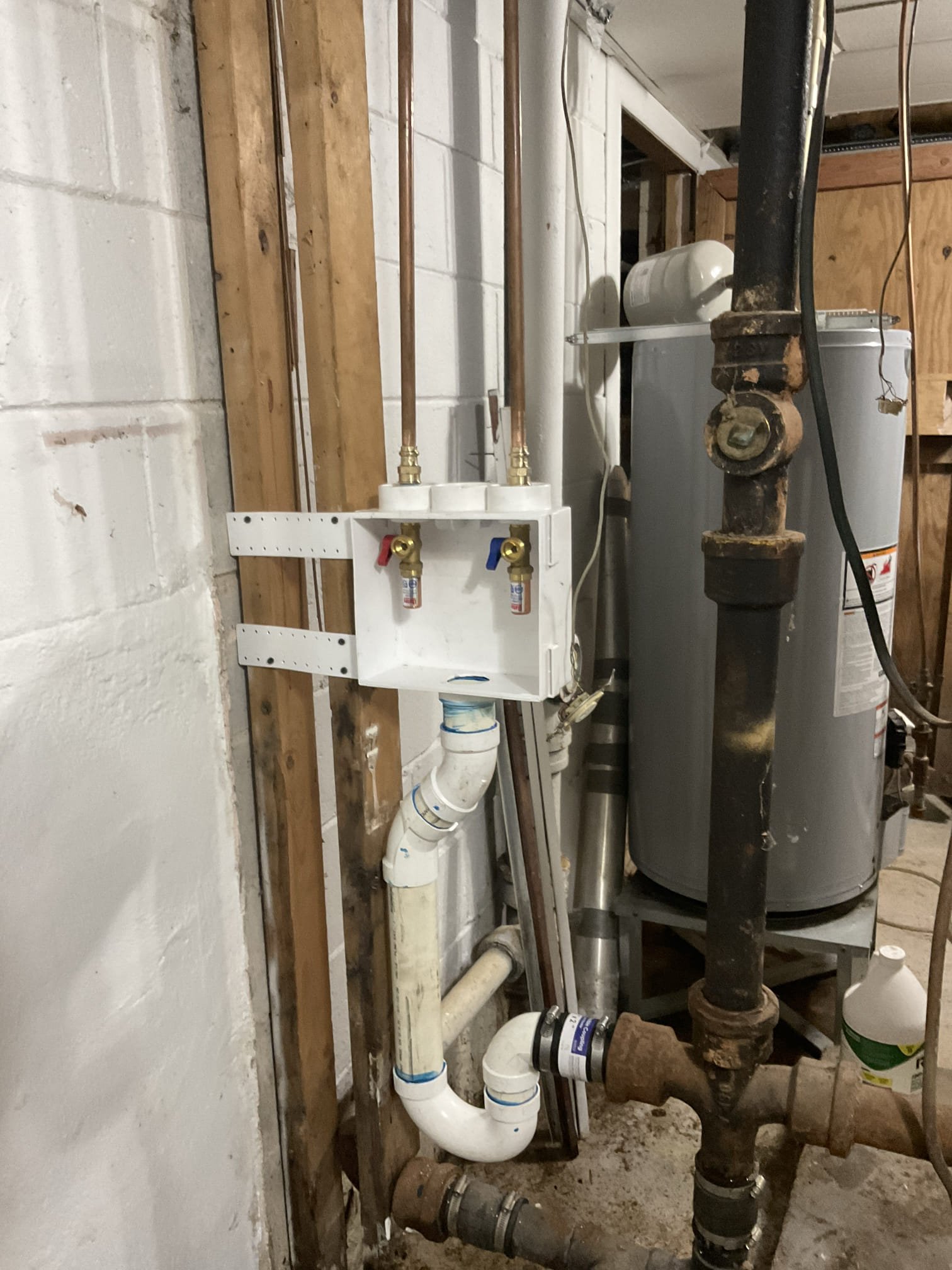 Replaced both unit A and B main water shut off valve and Prv , unit A  toilet pull and reset new flange and pipe below in basement. Replaced a washing machine box and p trap , corrected water heater vent pipe problem was not connected. 