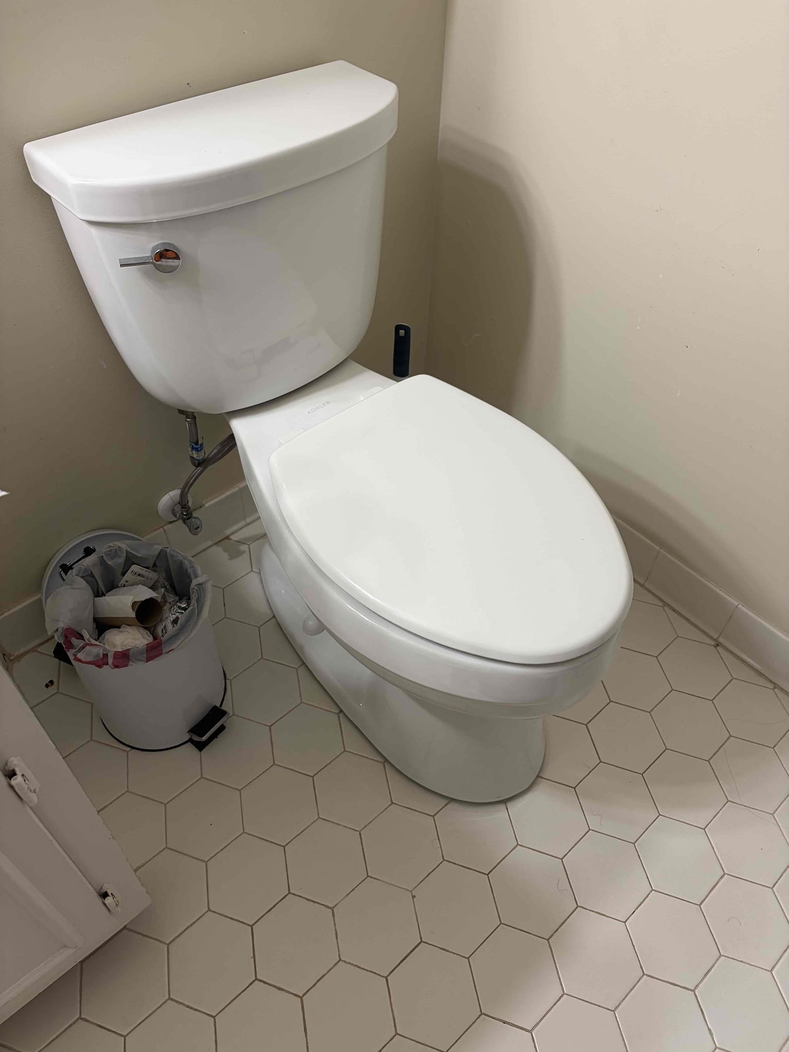 Upon arrival, customer states they recently repaired leak. Notice water marks in ceiling in downstairs bathroom, informed customer we can cut ceiling to make sure leak was repaired properly. Customer approved. Cut ceiling, found no leak. Checked upstairs toilet, toilet is working properly at departure.