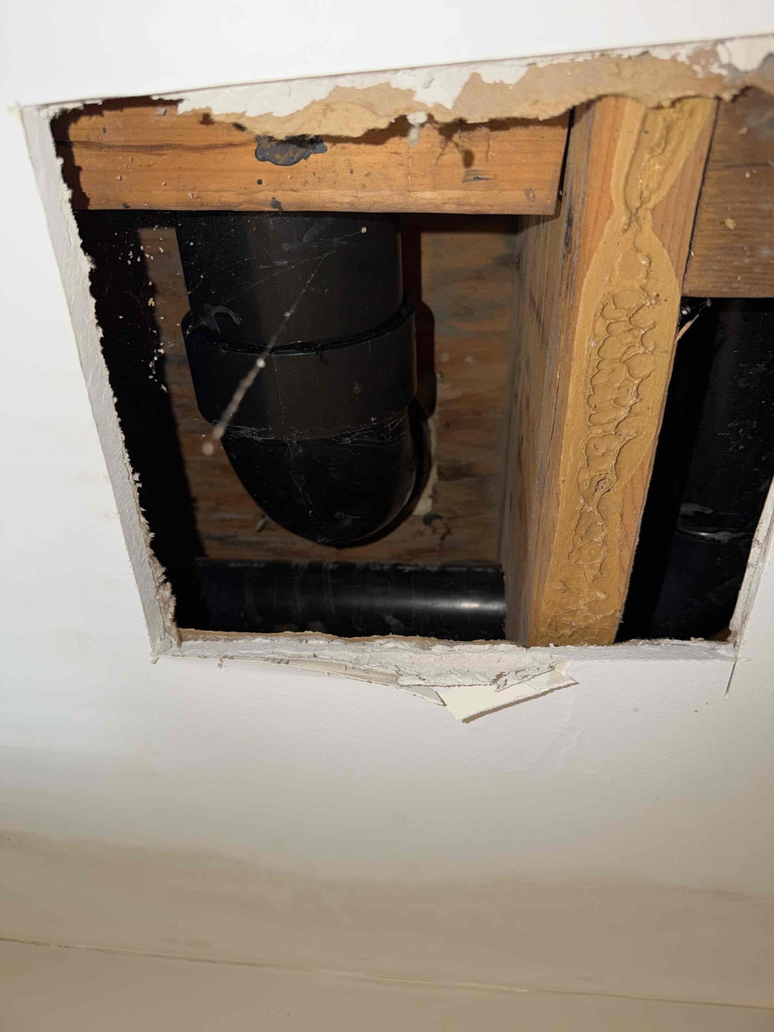 Upon arrival, customer states they recently repaired leak. Notice water marks in ceiling in downstairs bathroom, informed customer we can cut ceiling to make sure leak was repaired properly. Customer approved. Cut ceiling, found no leak. Checked upstairs toilet, toilet is working properly at departure.