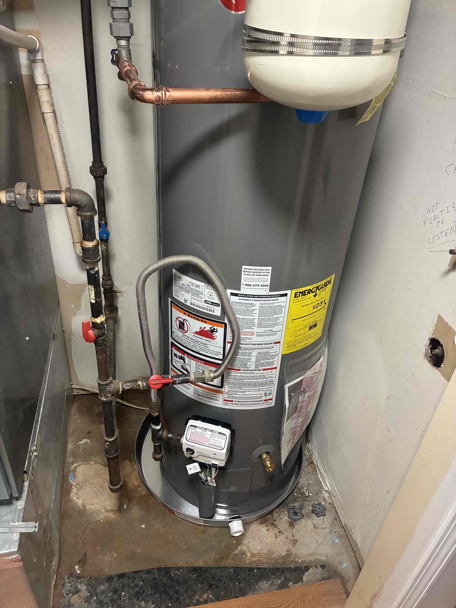 Upon arrival, Customer’s water heater leaking at base. Gave customer quote to replace heater and after approval replaced water heater with new Rheem 40 gallon gas water heater. Also installed new main valve and thermal expansion tank, after work was complete Check for leaks and proper function. 
