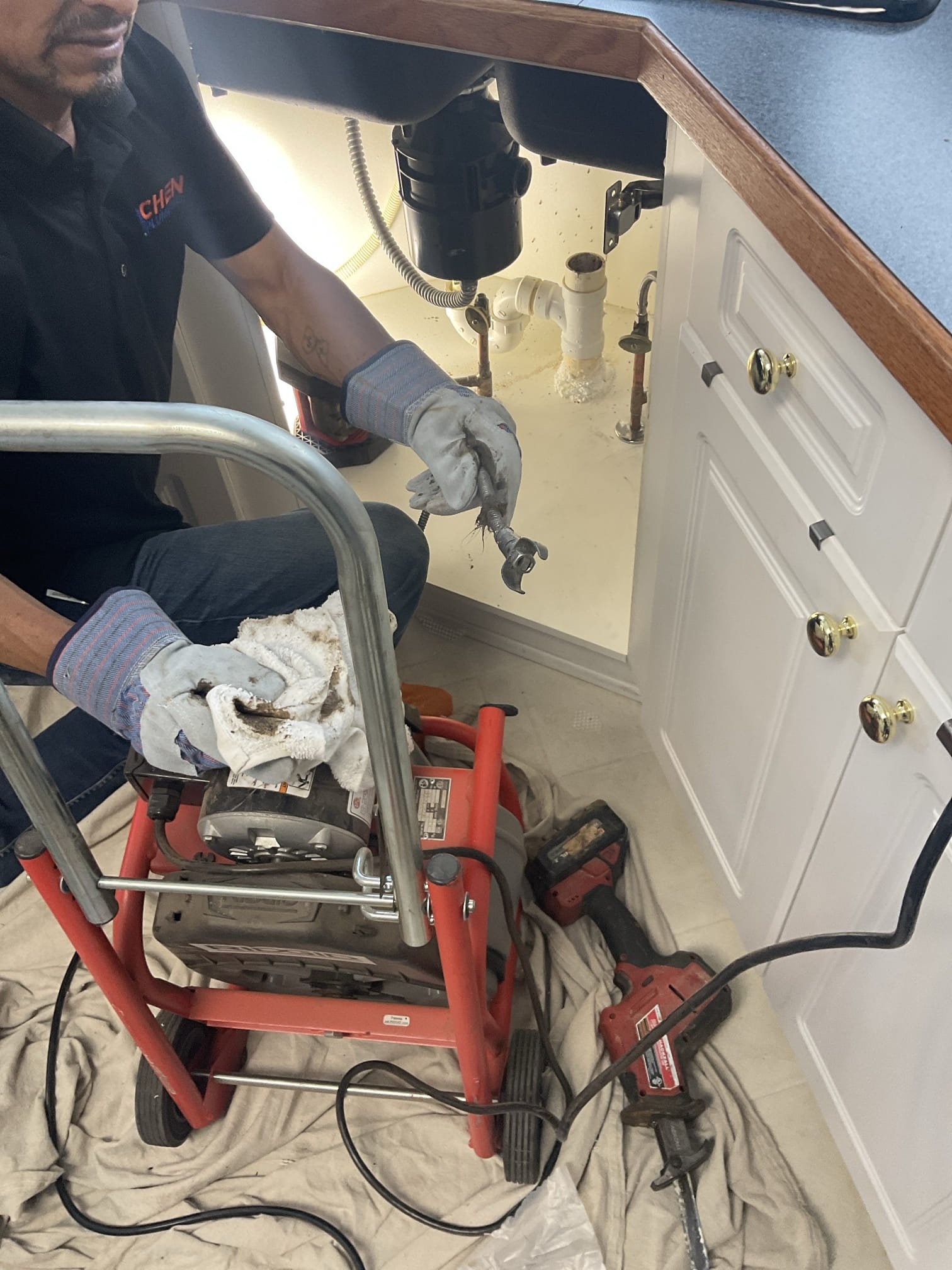 Today we replaced a kitchen faucet with customer supplied, we removed p trap , snake the kitchen drain line that is in the slab , we cleared blockage 