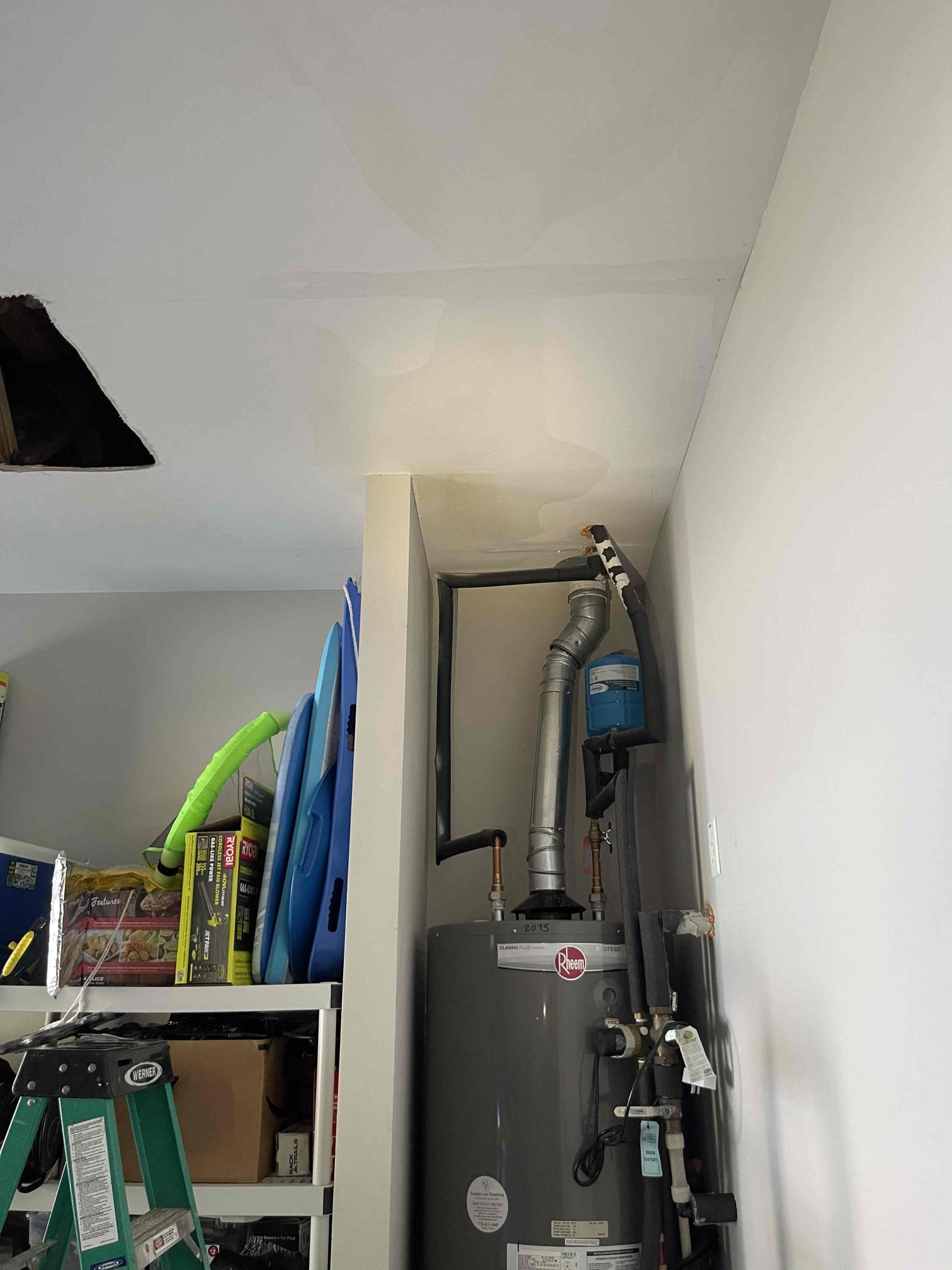 Came out for a leak above the water heater. Found water was pouring out of the drywall above the water heater. Homeowner approved us to open the ceiling and identify the source of the leak. He wants to get other quotes for the repair itself. Home hot side piping was installed with the painted red uponor which was recalled due to premature failure caused by the manufacturing process. We left a quote to replace all of the hot side piping in the home. Also left quote to replace the water heater as it is 11 years old. 
