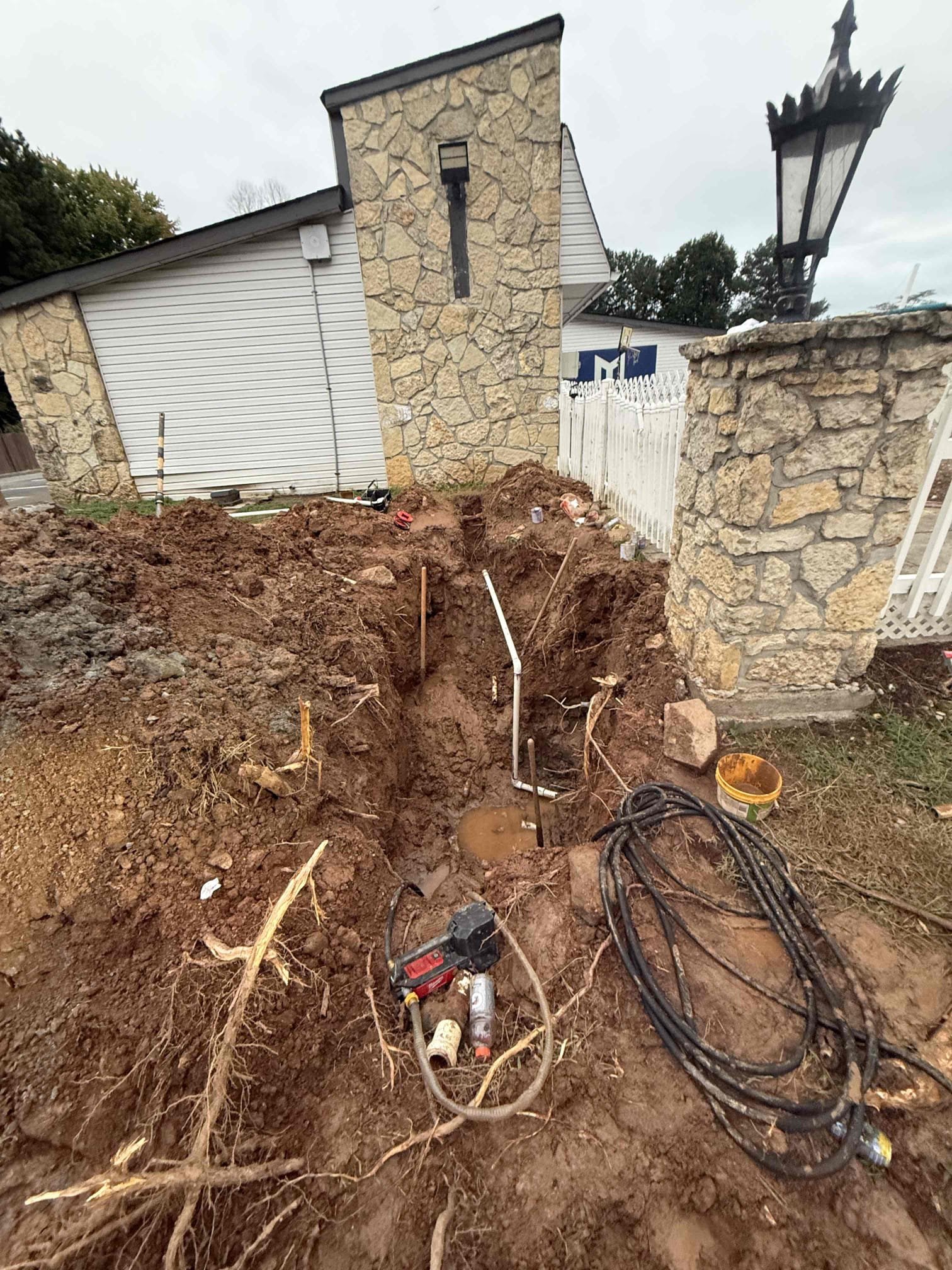 Water leak upon arrival, customer stated they dug it up but they think it has multiple leaks. Informed customer we could do an exploratory dig with the mini ex to locate the line. Gave customer estimate, customer approved estimate. After digging up the line found 2 inch water main going down to 1.25 inch. Informed customer we could cut that section of pipe out and replace it. Gave customer estimate, customer approved estimate. Replaced broken section of pipe and allowed glue to set up for 2 hours, turned water back on to check for leaks and found no leaks. Backfilled dirt, no leaks upon departure. No warranty on spot pvc spot repair 
Repair water service 