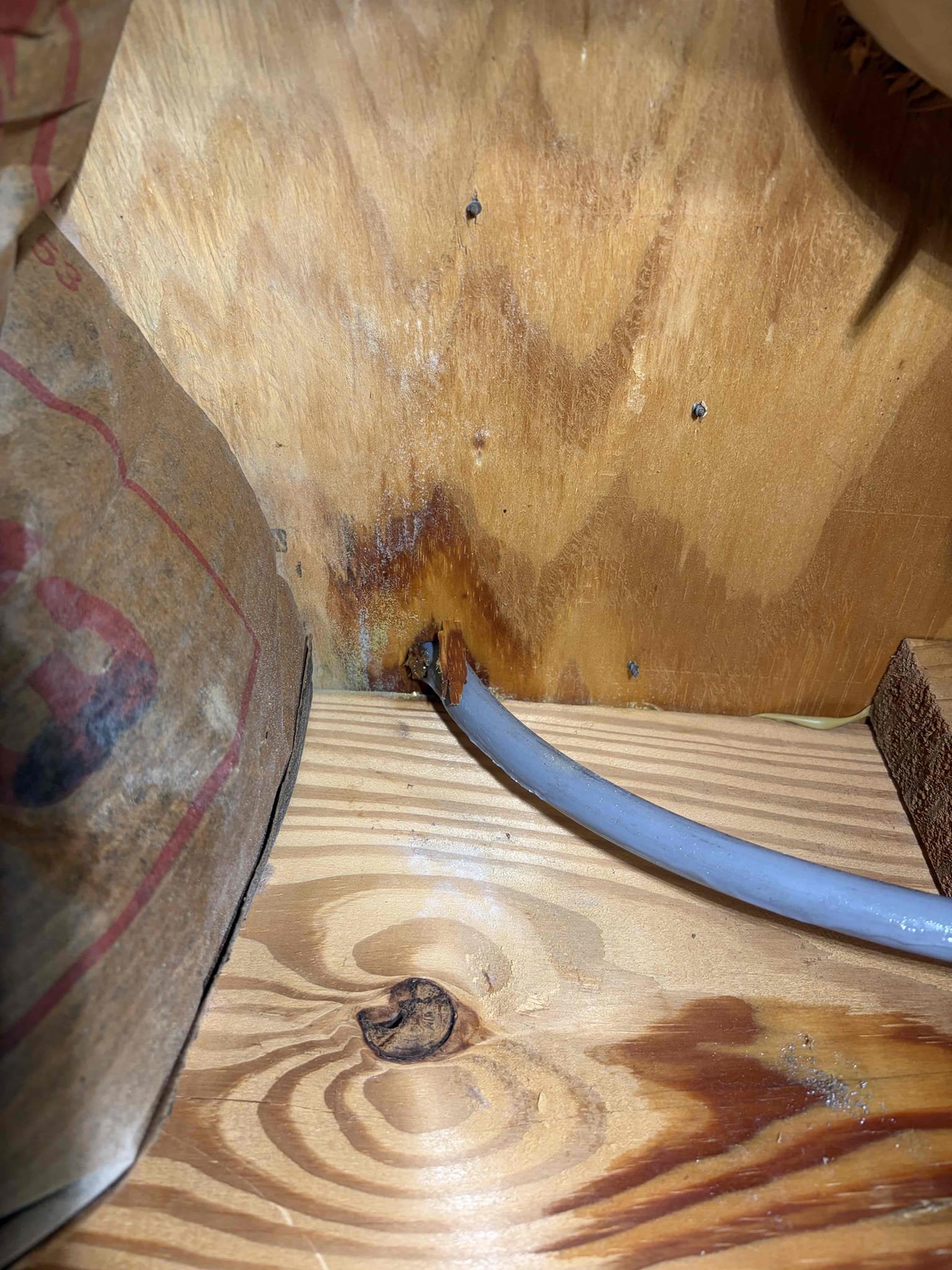 On arrival, customer states they’re experiencing a leak in garage. After inspection, noticed multiple water, stains, and dripping coming from garage ceiling. Informed customer we need to cut hole, to attempt to find leak. Customer approved, cut hole in garage, found leak coming from half inch gray polybutylene pipe feeding toilet. Provide a customer estimate to repair leak, customer approved estimate. Cut out pinhole, installed new half-inch pegs with new straight stop and supply line. No leaks at departure.