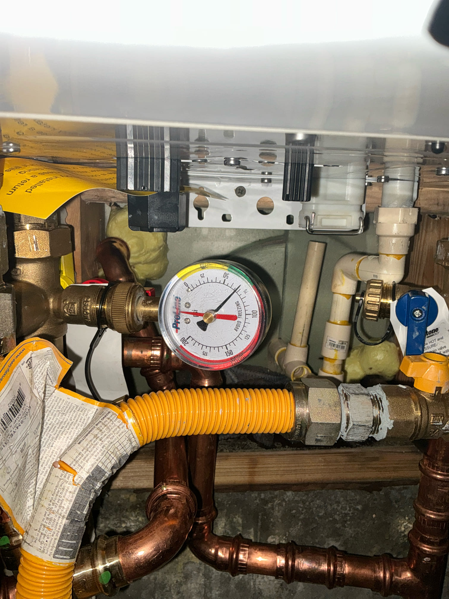 Customer stated that there was a sewer gas smell in guest restroom. During diagnosis customer stated that floor had been replaced shortly before  smell was noticed. Pulled guest restroom toilet. Inspected flange and reset toilet with new wax seal,T-bolts and supply line. Caulked toilet to floor. Tested water pressure and it was 115 psi. Installed ball valve with a new Prv in basement. Set pressure at 70 psi. Tested and left in good working order.