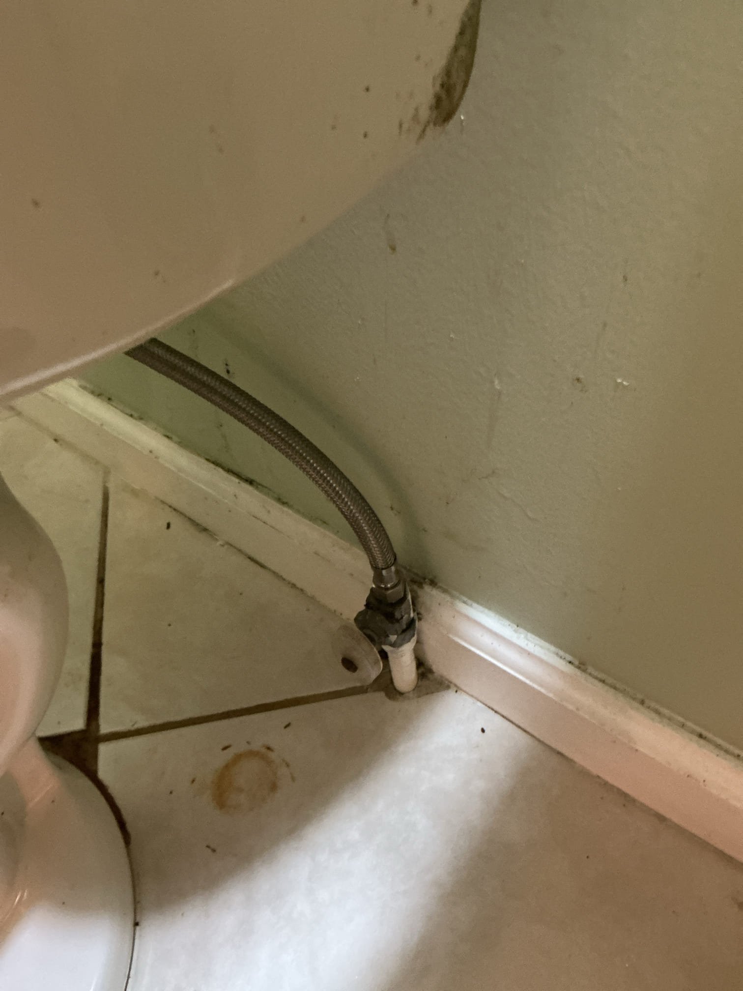 Diagnosed toilet issue. Found toilet had failed tank to bowl bolts. Did full rebuild on toilet with new tank to bowl bolts and gasket, new flush valve, new fill valve, new flapper, and new supply line. Tested toilet with all new parts and no issues found after work completed. Cleaned workspace 