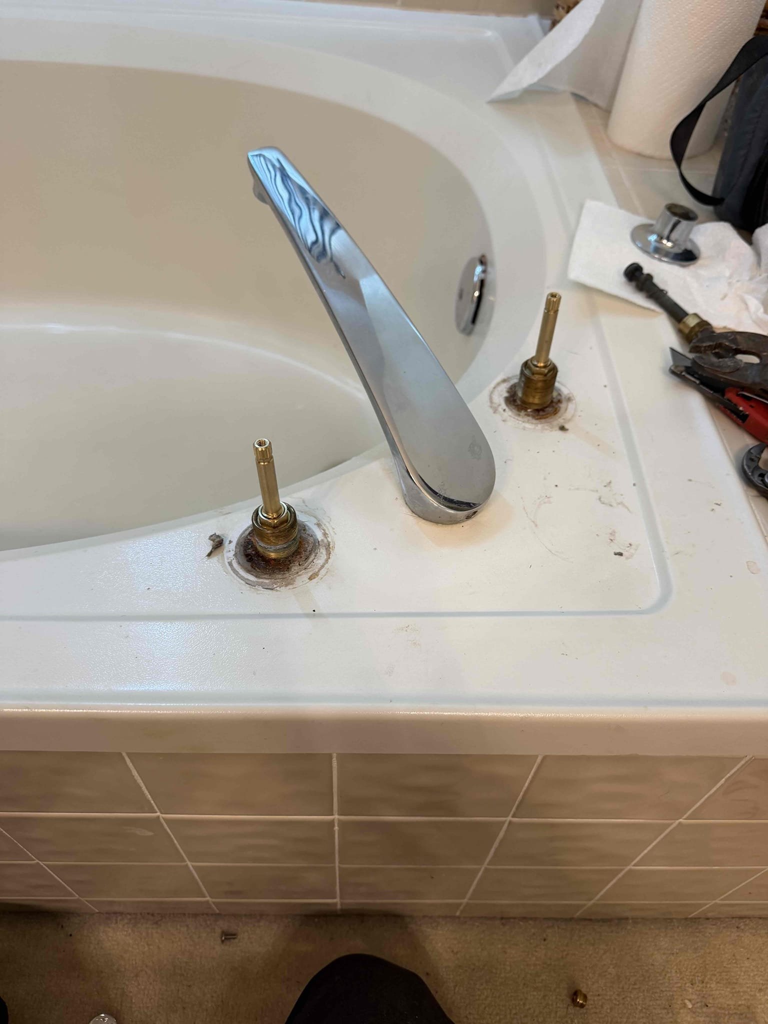 Customer stated that Roman tub faucet was leaking. A customer options as far as repairs and customer agreed. Went ahead shot water off to home and removed old stem cartridge. Located part and went to pick up. Installed new stem cartridge both hot and cold with new handles. Turn water back on and tested. No leaks were present at this time.

Also found that water heater is from 2007 and Prv is failing. Will send customer options as far as replacements for those things.