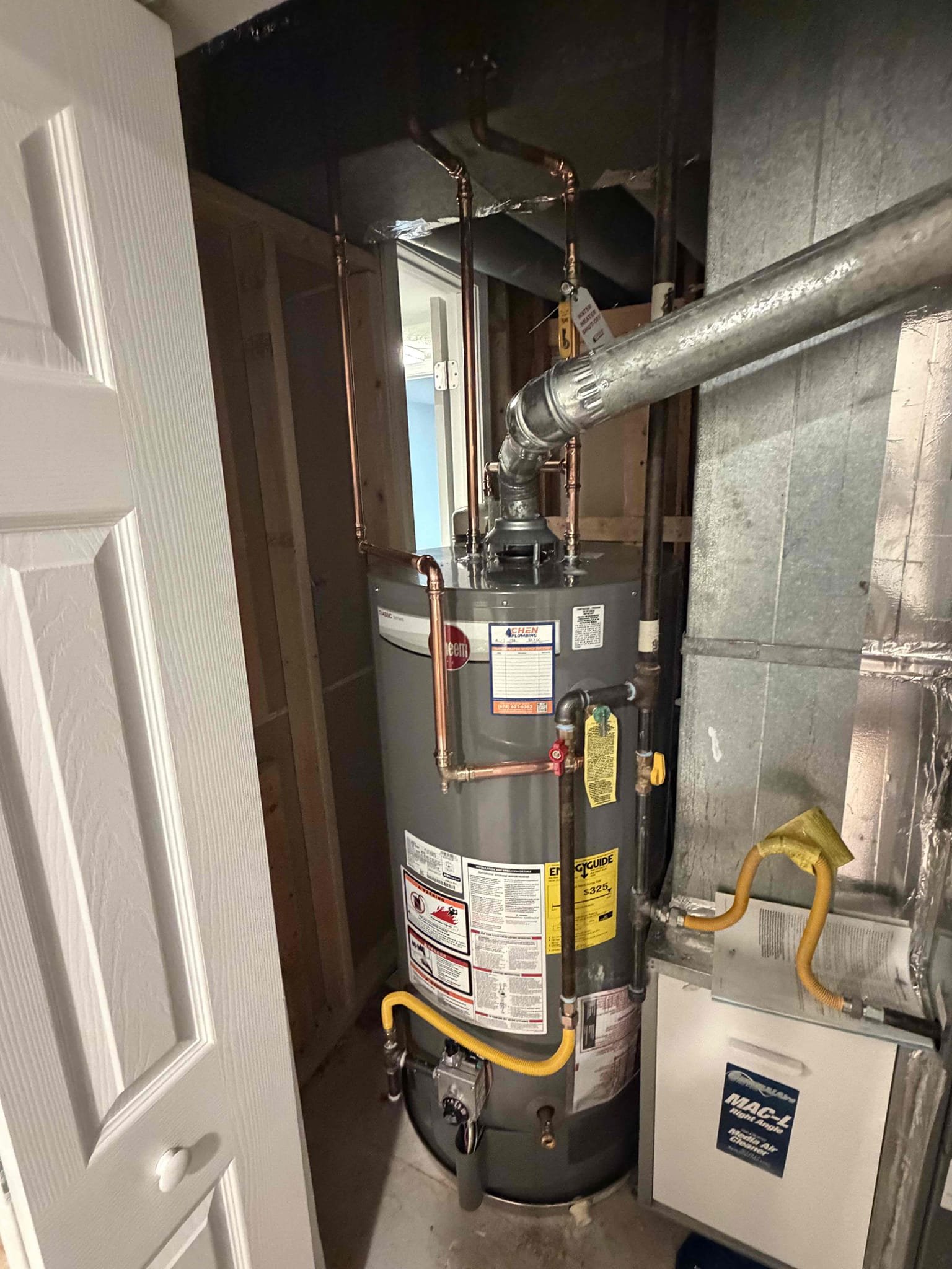 50 Gallon Gas SHORT Water Heater With Expansion Tank: Remove and disconnect existing water heater. Install new 50-gallon gas short water heater supplied by Chen Plumbing in the current location. Installation includes setting a new drip pan (if pan fits in accessible space), installing a new thermal expansion tank to manage system pressure, and replacing the cold water supply shutoff with a new full-port ball valve for improved flow and serviceability. Connect the new water heater to the existing gas system and light the burner assembly to ensure proper ignition. Venting will be inspected and adjusted or replaced as necessary for safe operation. Upon completion, the entire system will be tested to confirm safe, reliable performance. 

Warranty: This installation is backed by a 2-year labor warranty, covering our workmanship, and a 6-year parts warranty on the water heater itself.


Note: Please be advised that Chen Plumbing will responsibly remove and dispose of the old water heater unl
